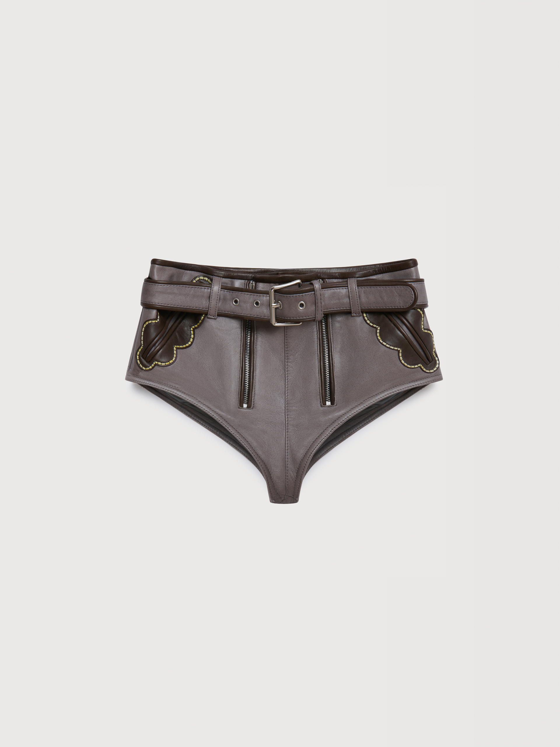 Grey leather hotpants with leaf pockets - Pants - Image 1
