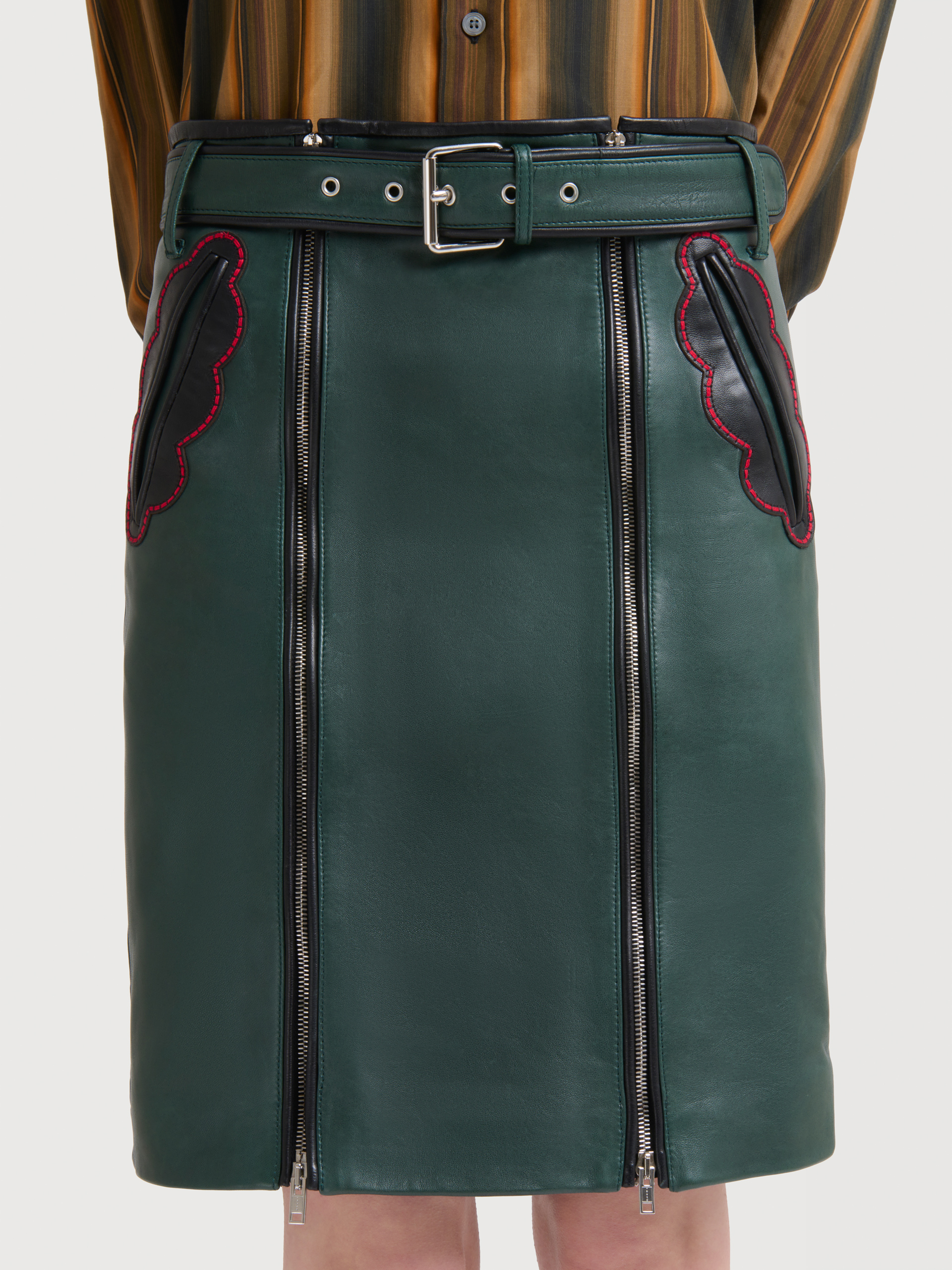 Deep green leather skirt with leaf pockets - Skirts - Image 5