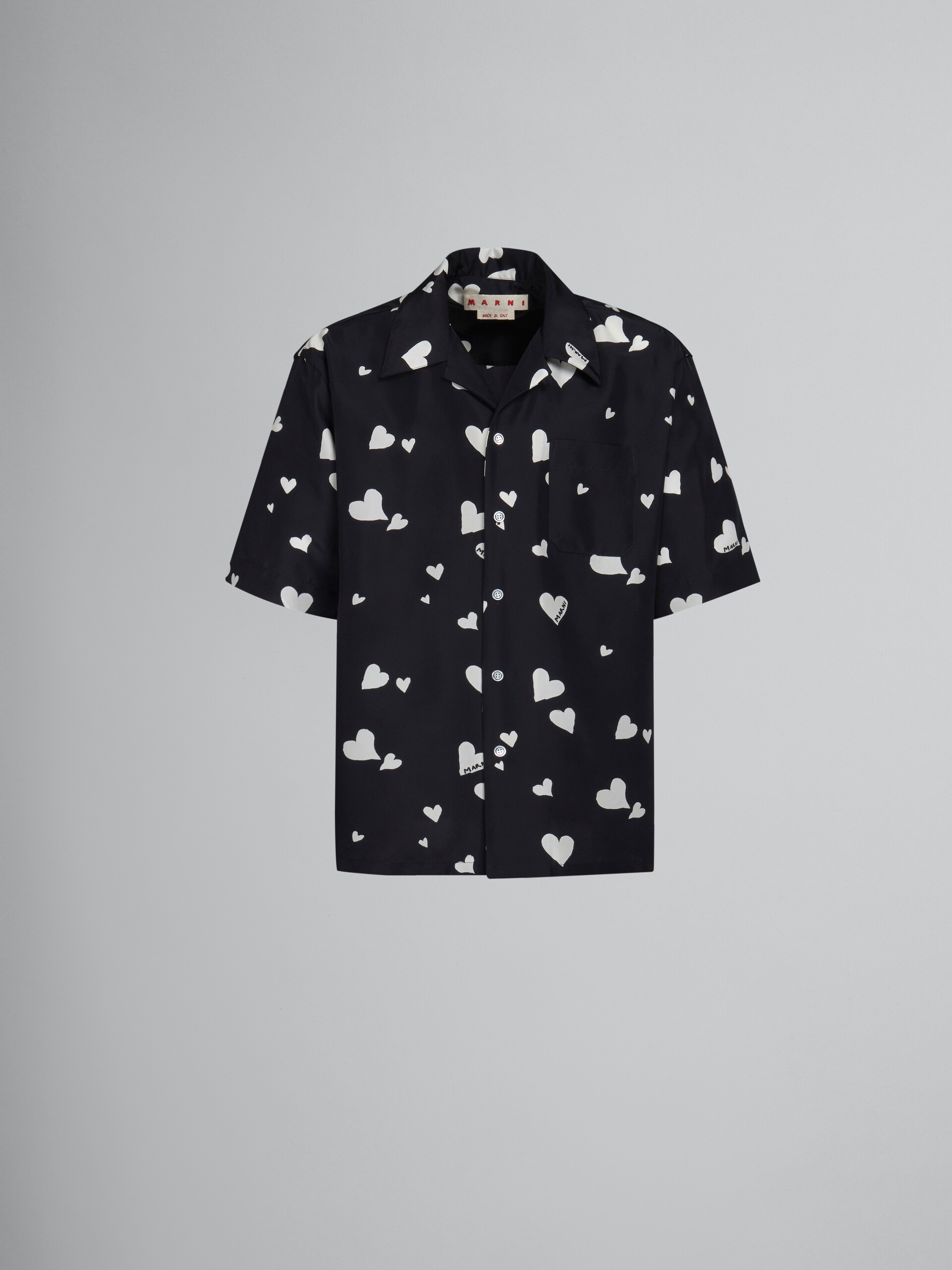 Black silk shirt with Bunch of Hearts print - Shirts - Image 1