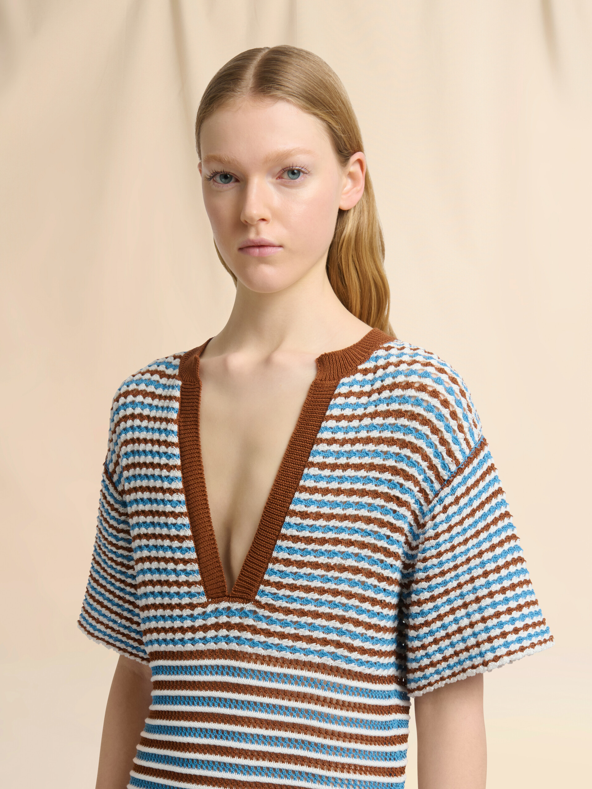 Brown and blue striped cotton crochet dress - Dresses - Image 4