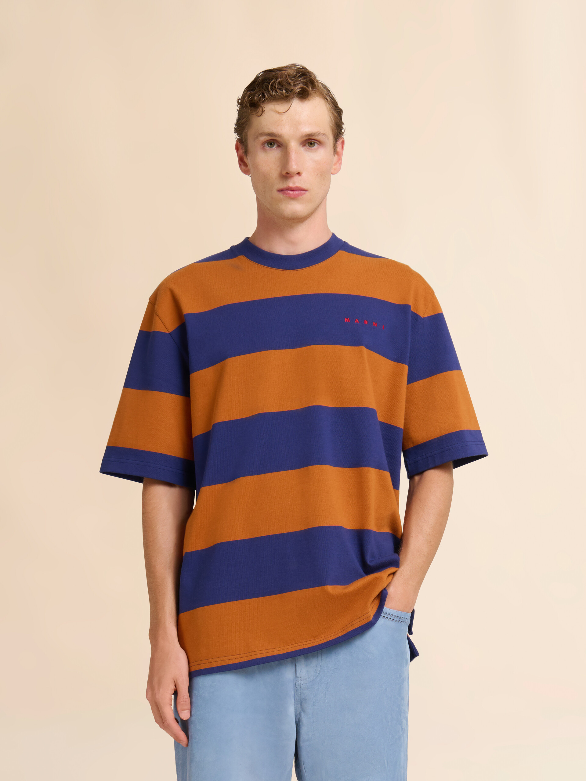 Deep blue and orange maxi-stripe cotton T-shirt - Shirts - Image 2