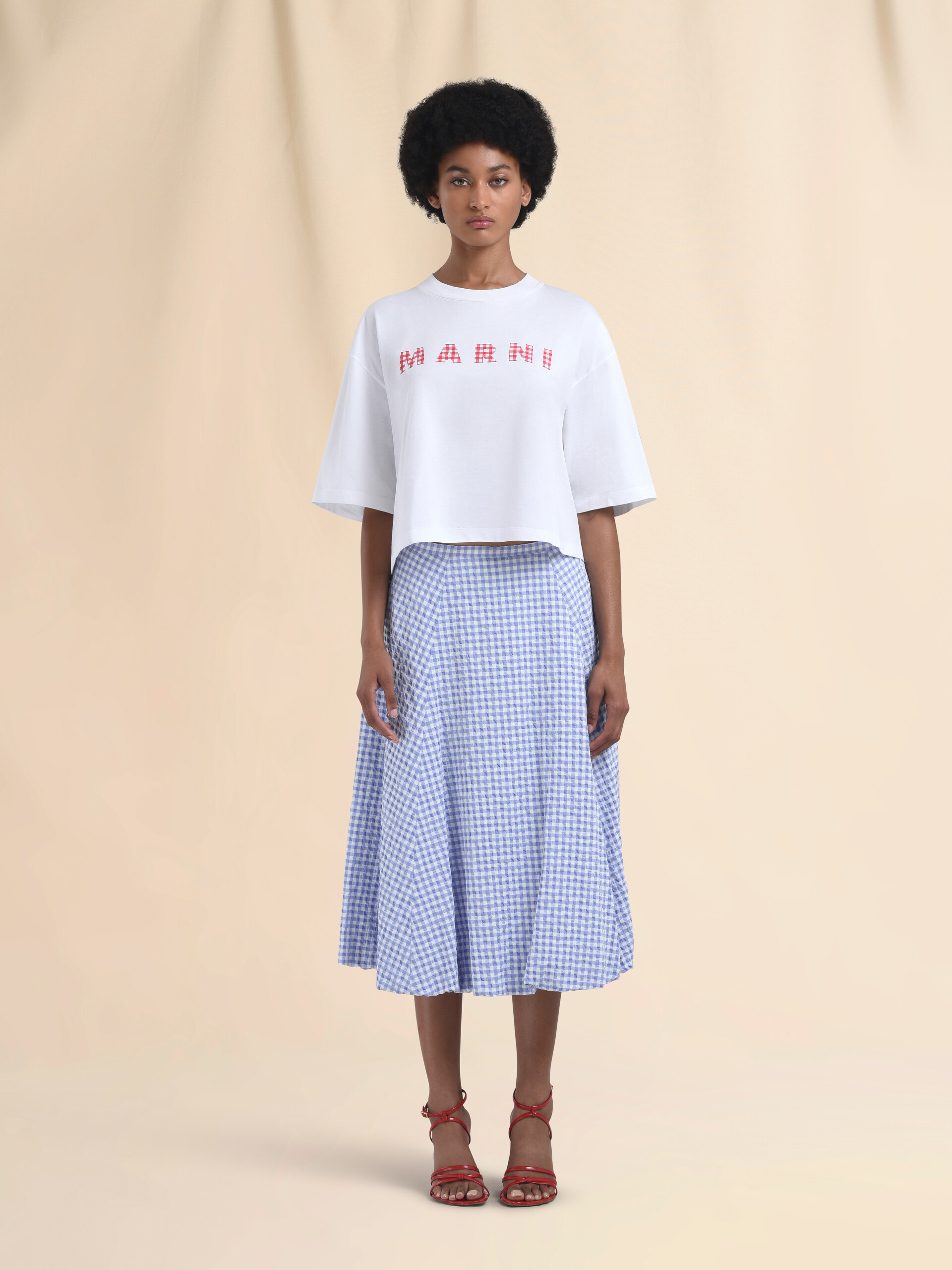 White and light blue checked seersucker skirt - Skirts - Image 2