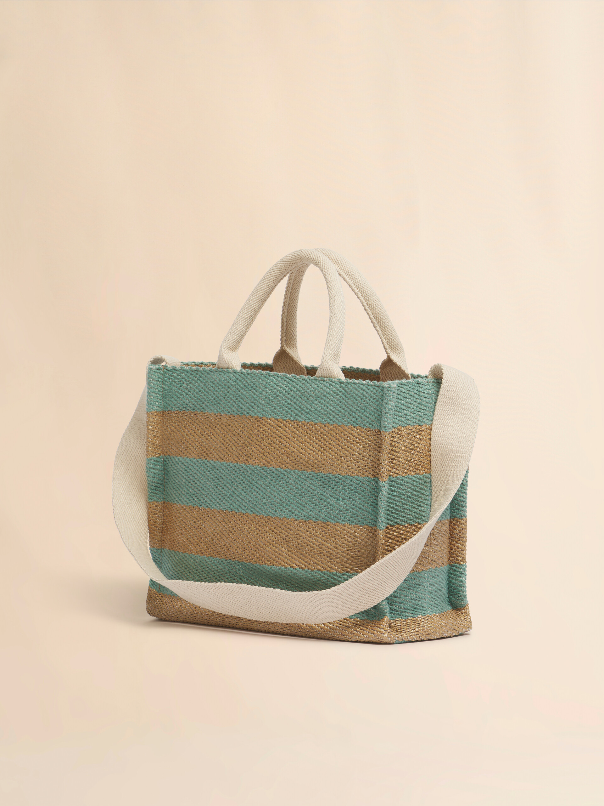 ブルー ナチュラル ストライプ柄ラフィアエフェクトスモール トートバッグ、刺繍ロゴ入り - ショッピングバッグ - Image 3