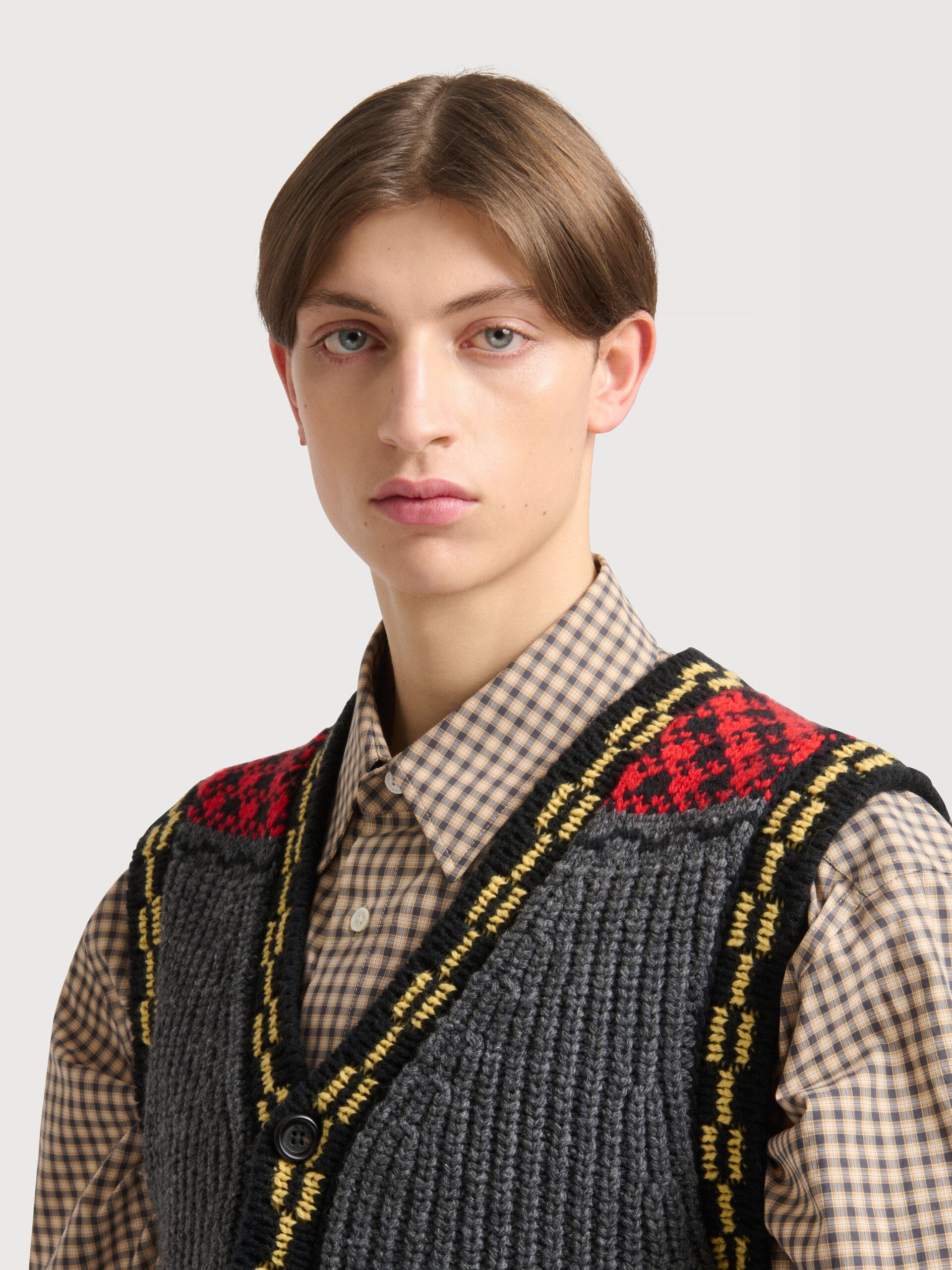 Grey wool button vest with geometric motif - Waistcoats - Image 5
