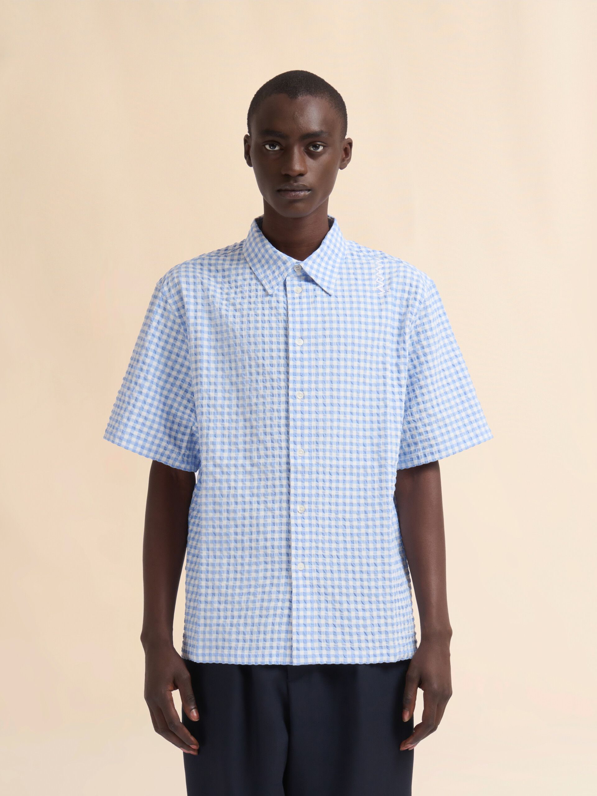 Light blue and white seersucker checked shirt - Shirts - Image 2