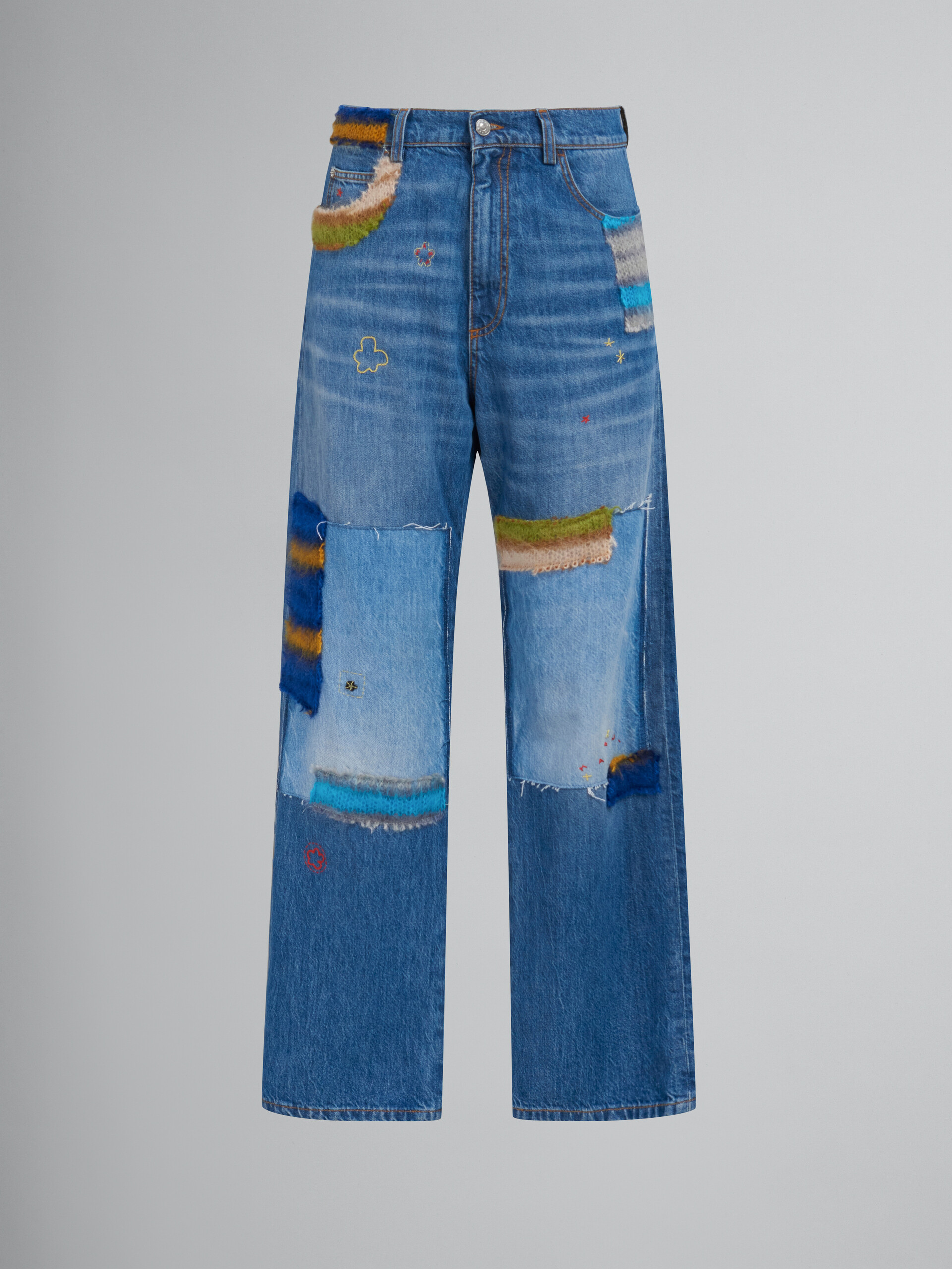 Jean en denim biologique bleu avec patchs en mohair - Pantalons - Image 1