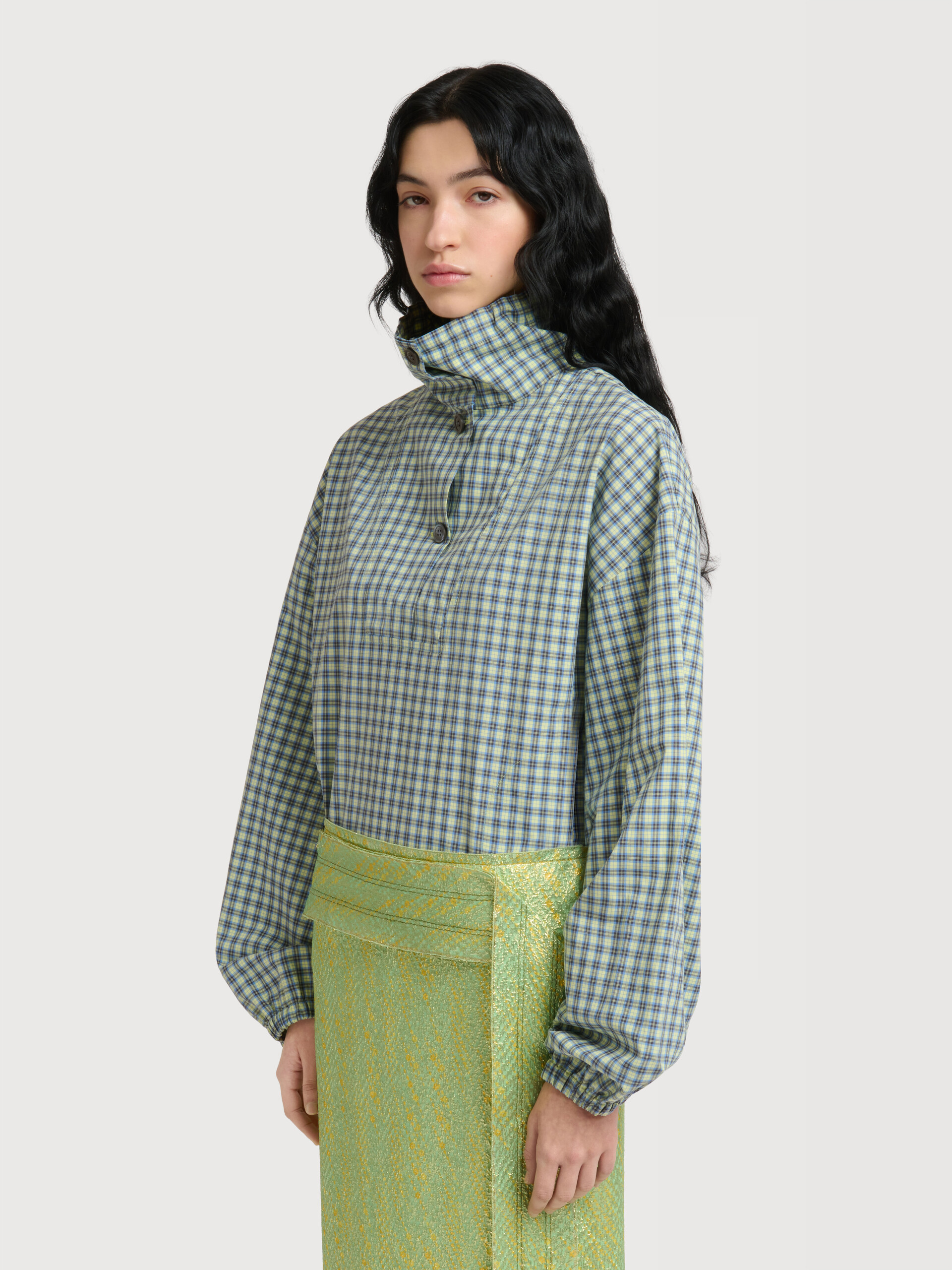 Green checked poplin blouse with high neck - Shirts - Image 3
