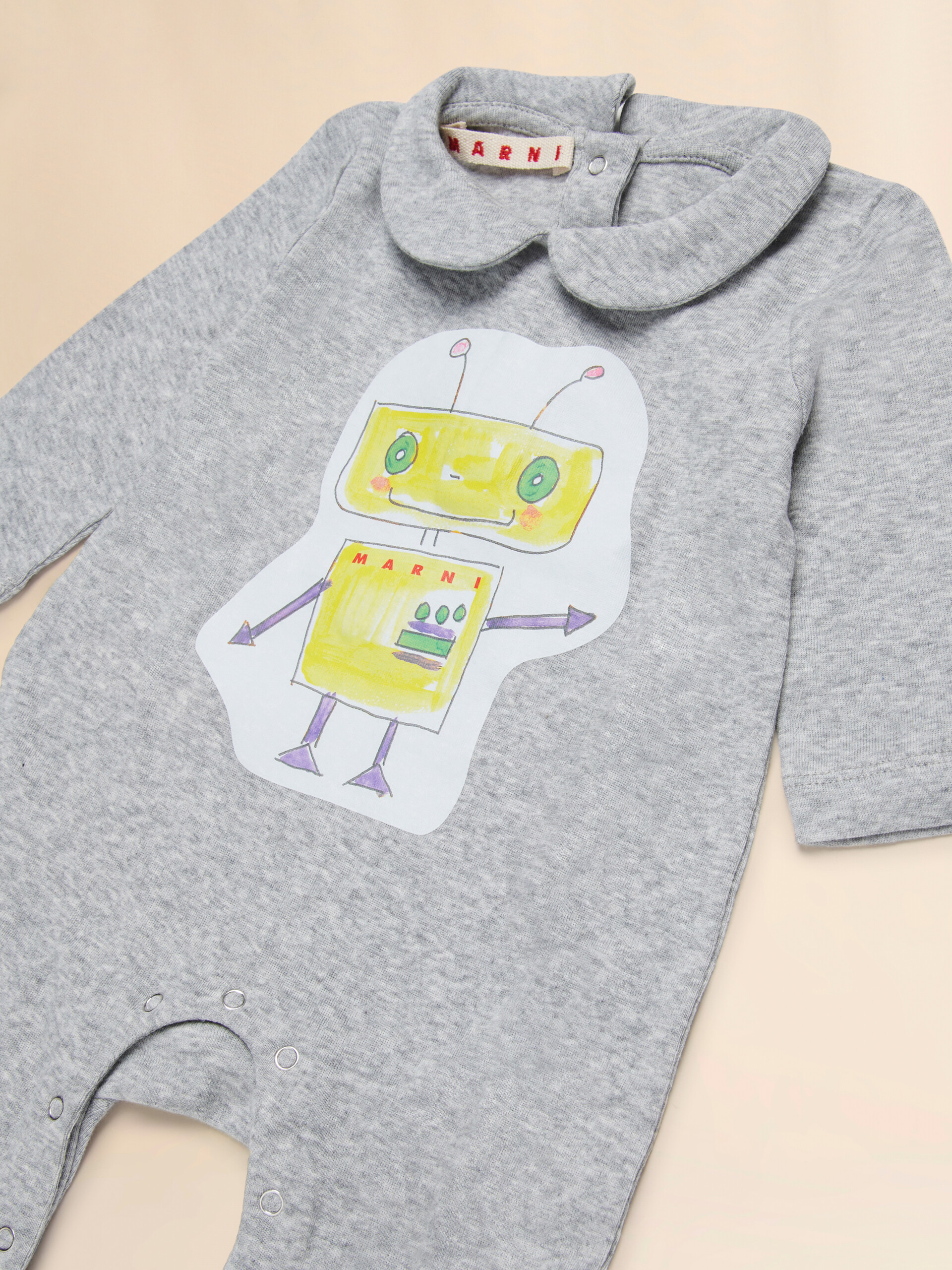 Gray melange cotton romper with Robottini print - Pants - Image 3