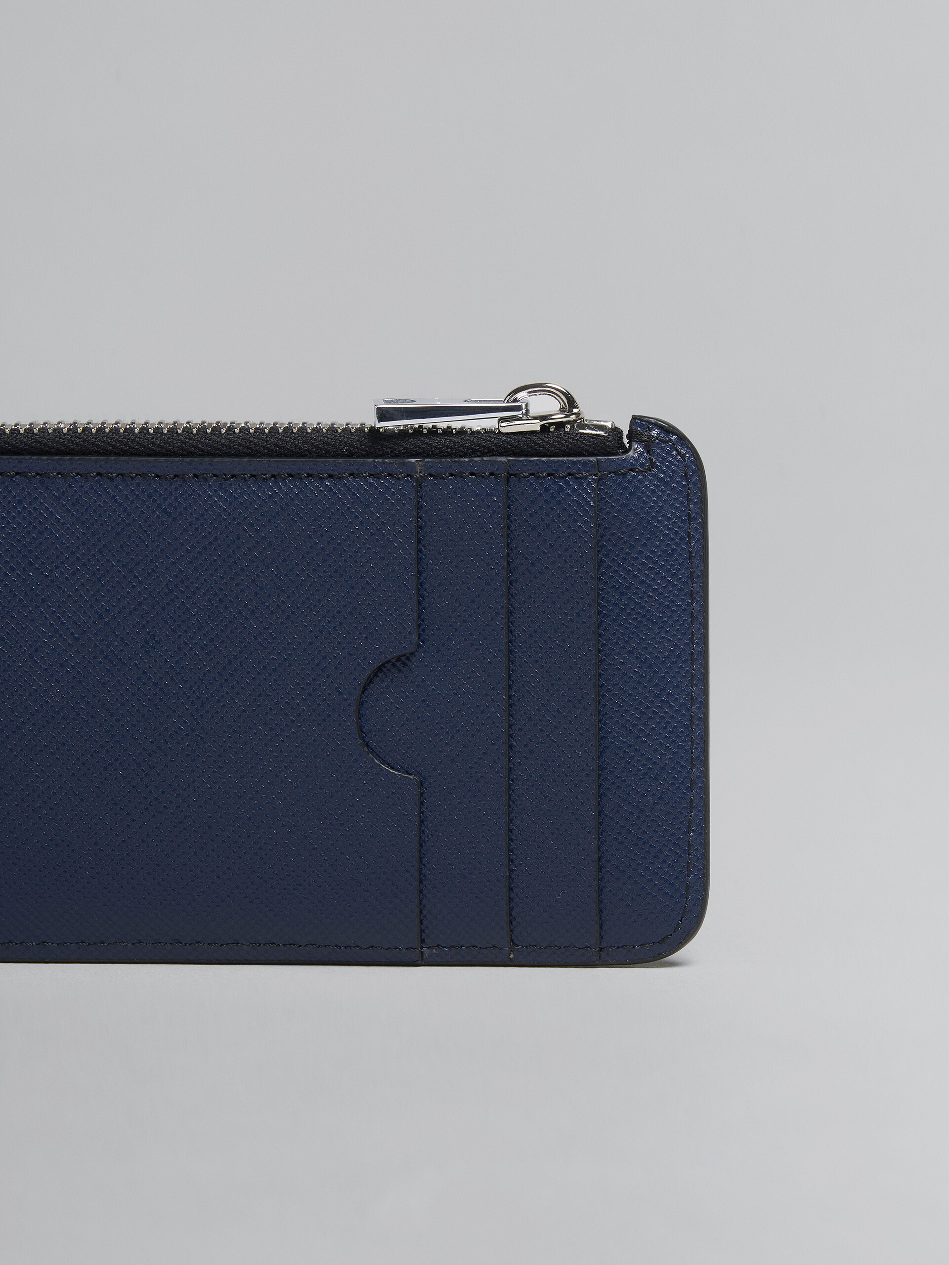 Blue and black saffiano leather zip-around card case