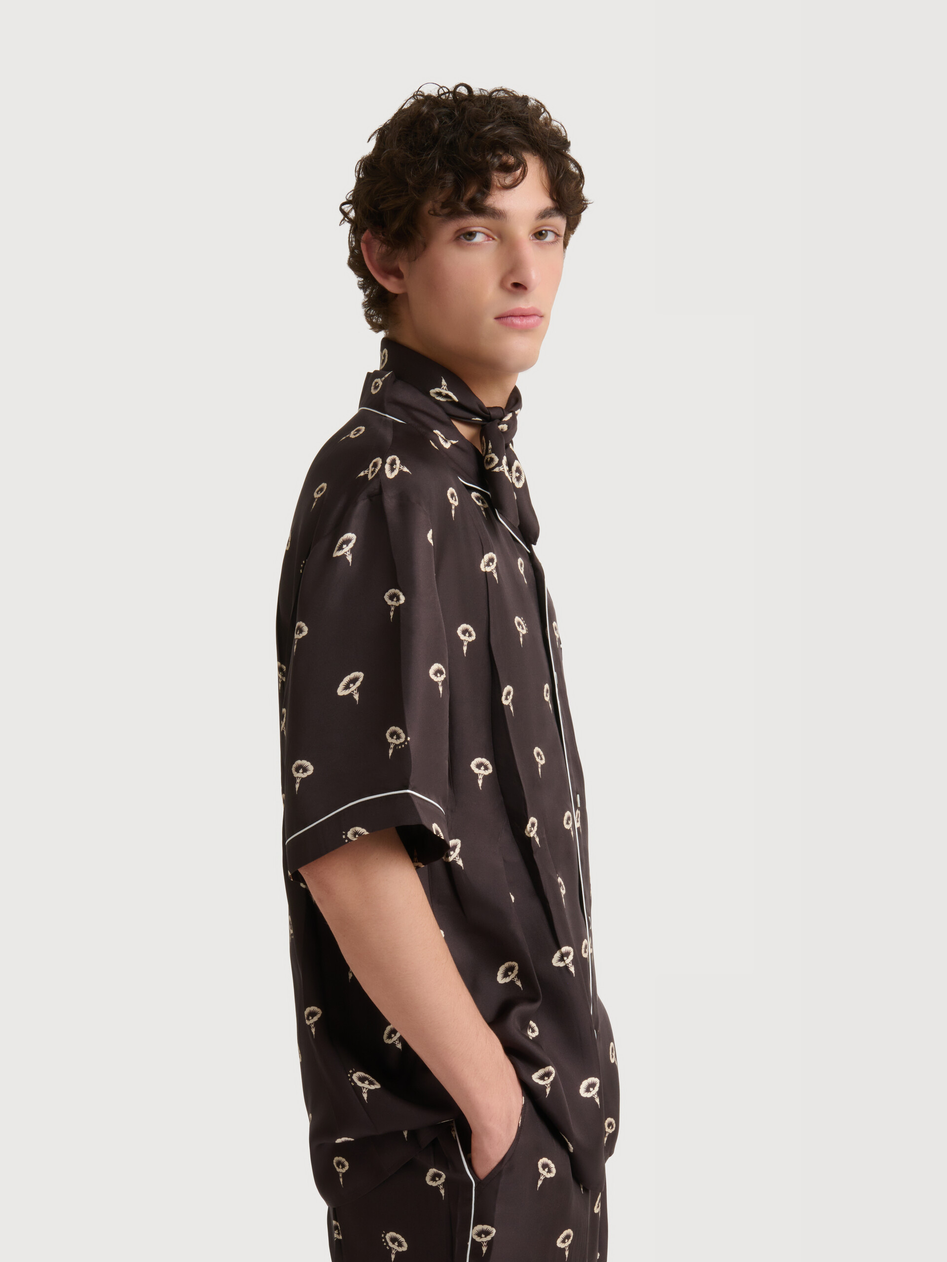 Brown silk twill pyjama shirt with floral print - Shirts - Image 3