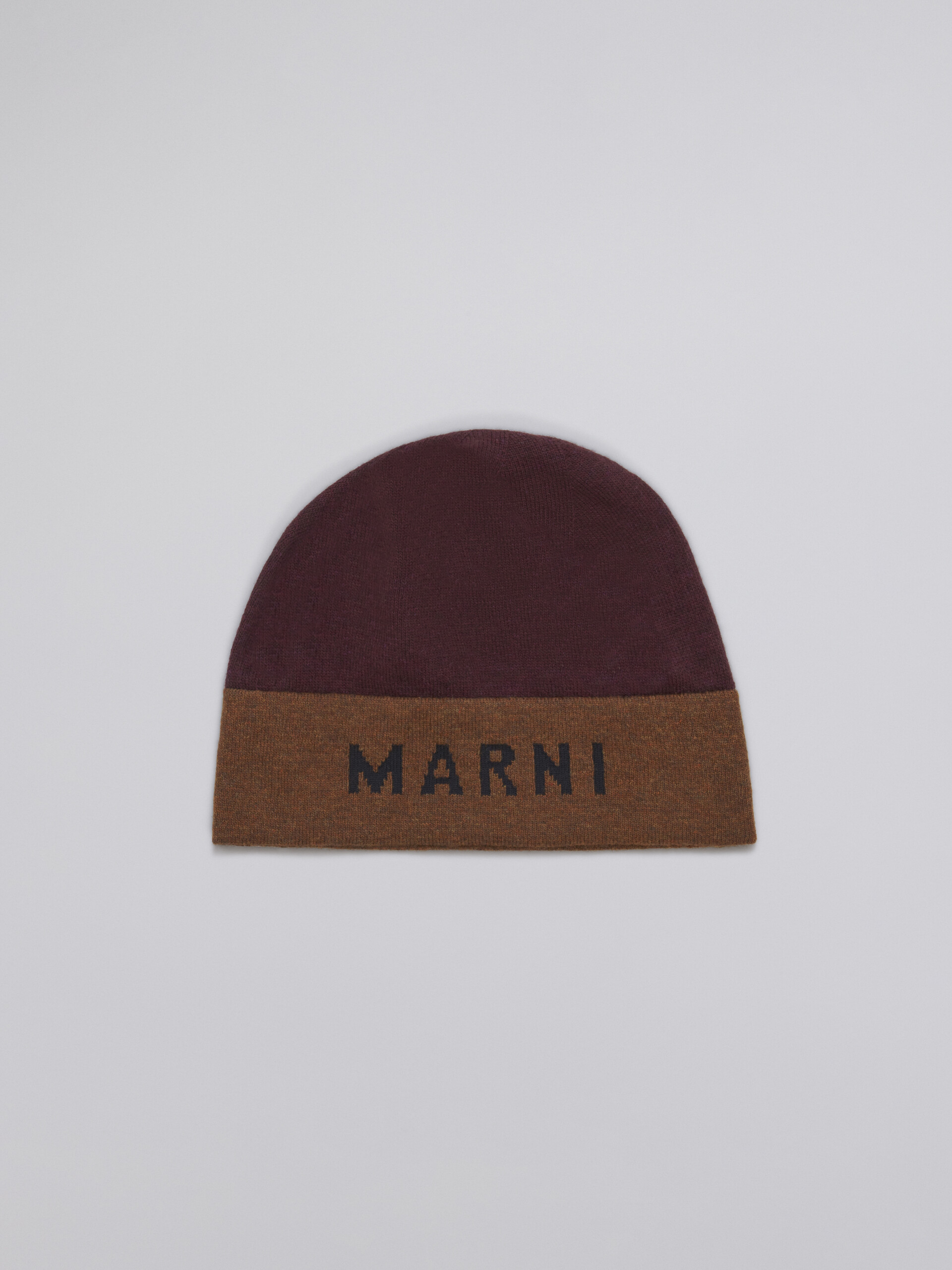 Burgundy virgin wool beanie with jacquard logo - Hats - Image 1