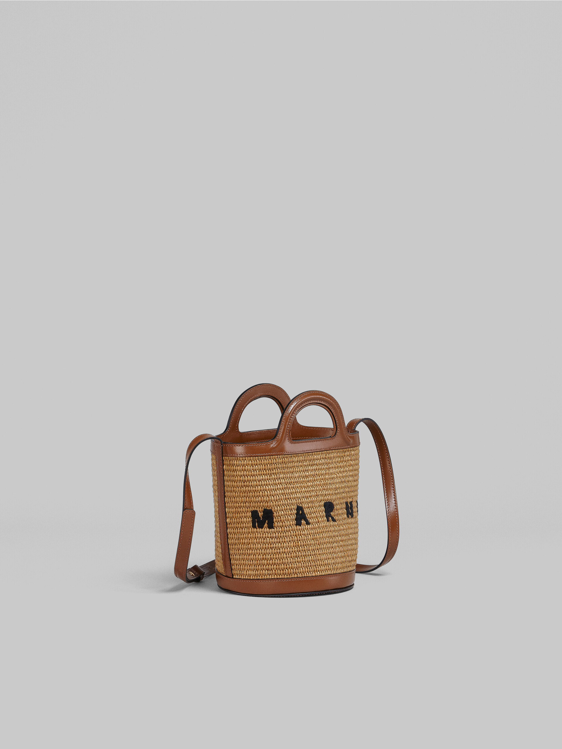 TROPICALIA mini bucket bag in brown leather and raffia
