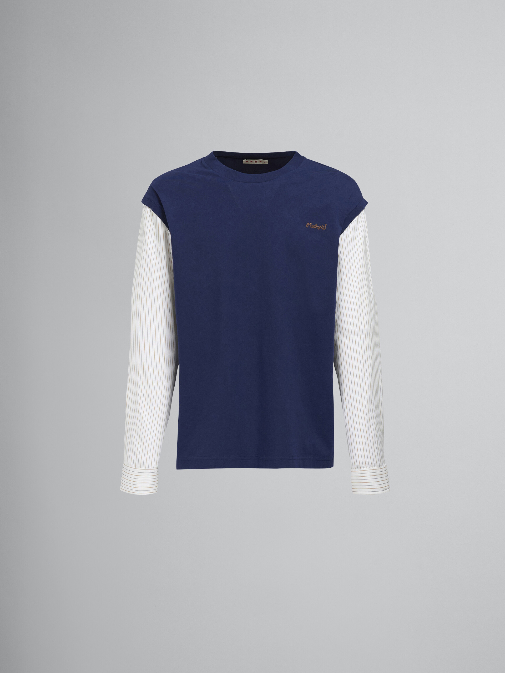 Blue jersey T-shirt with striped poplin sleeves - T-shirts - Image 1