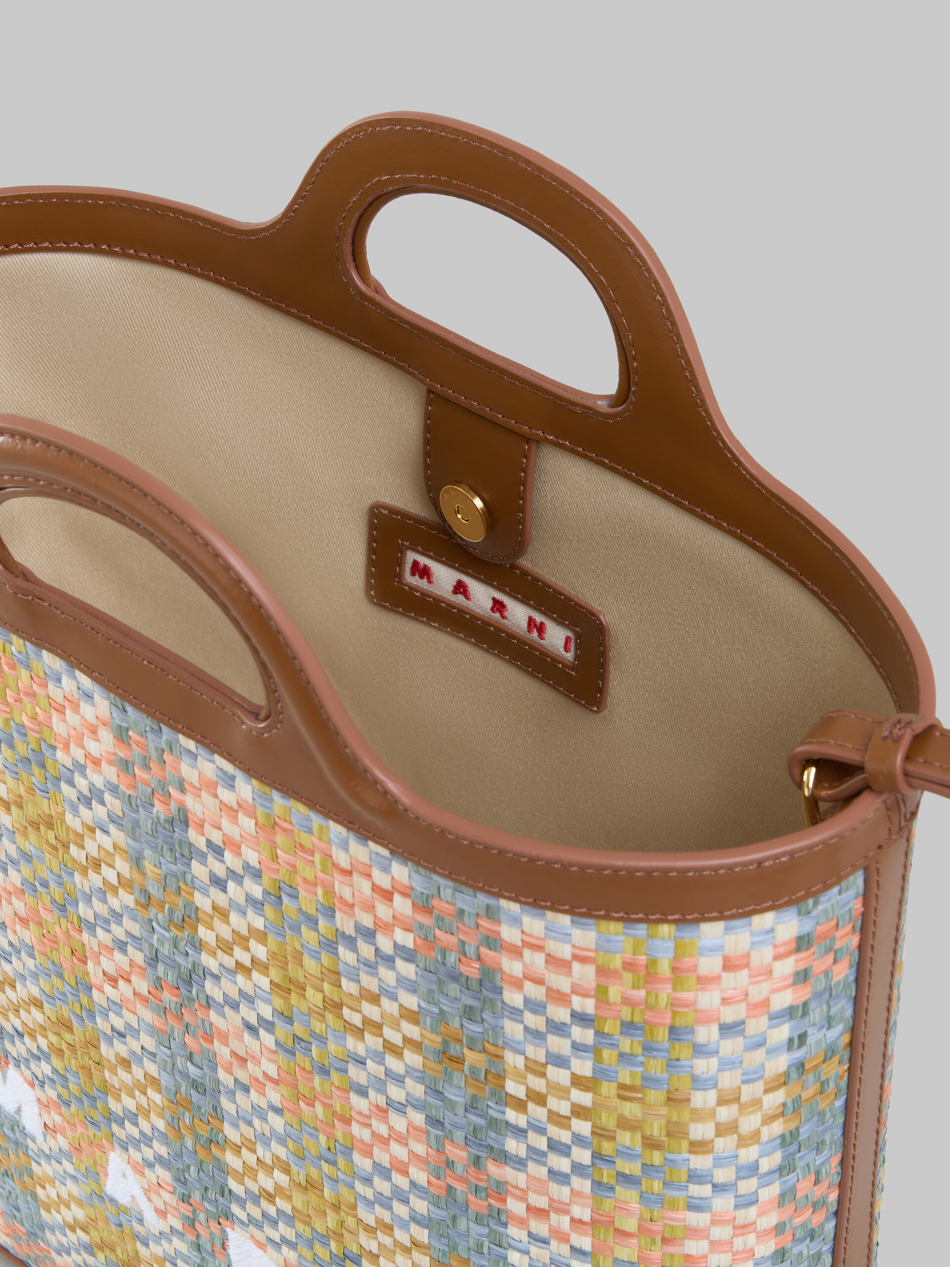 Tropicalia crossbody bag in brown leather and checked raffia-effect fabric - Shoulder Bags - Image 4