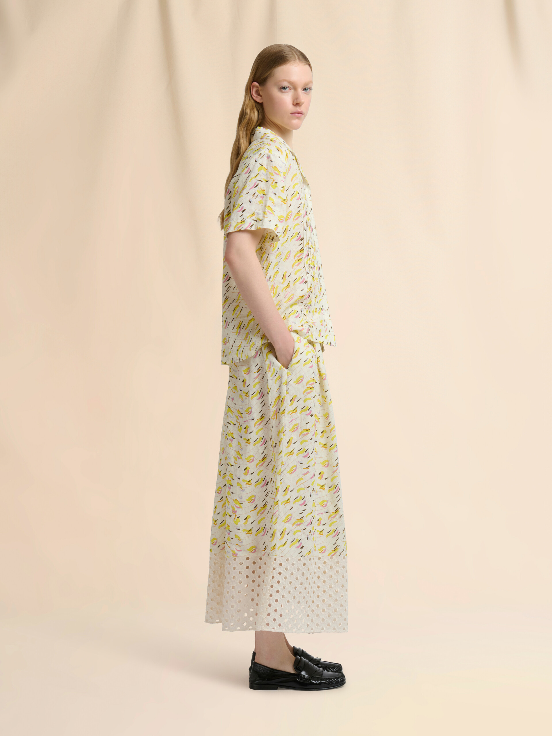 Yellow linen shirt with Brushstroke Wave print - Shirts - Image 5