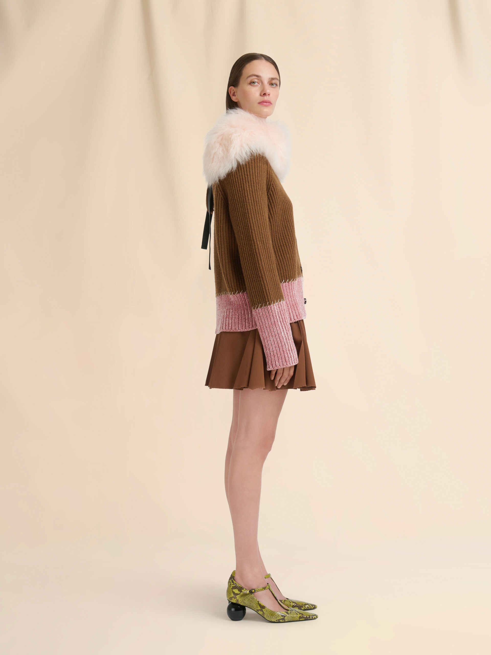 Brown wool colour-block cardigan - Pullovers - Image 5
