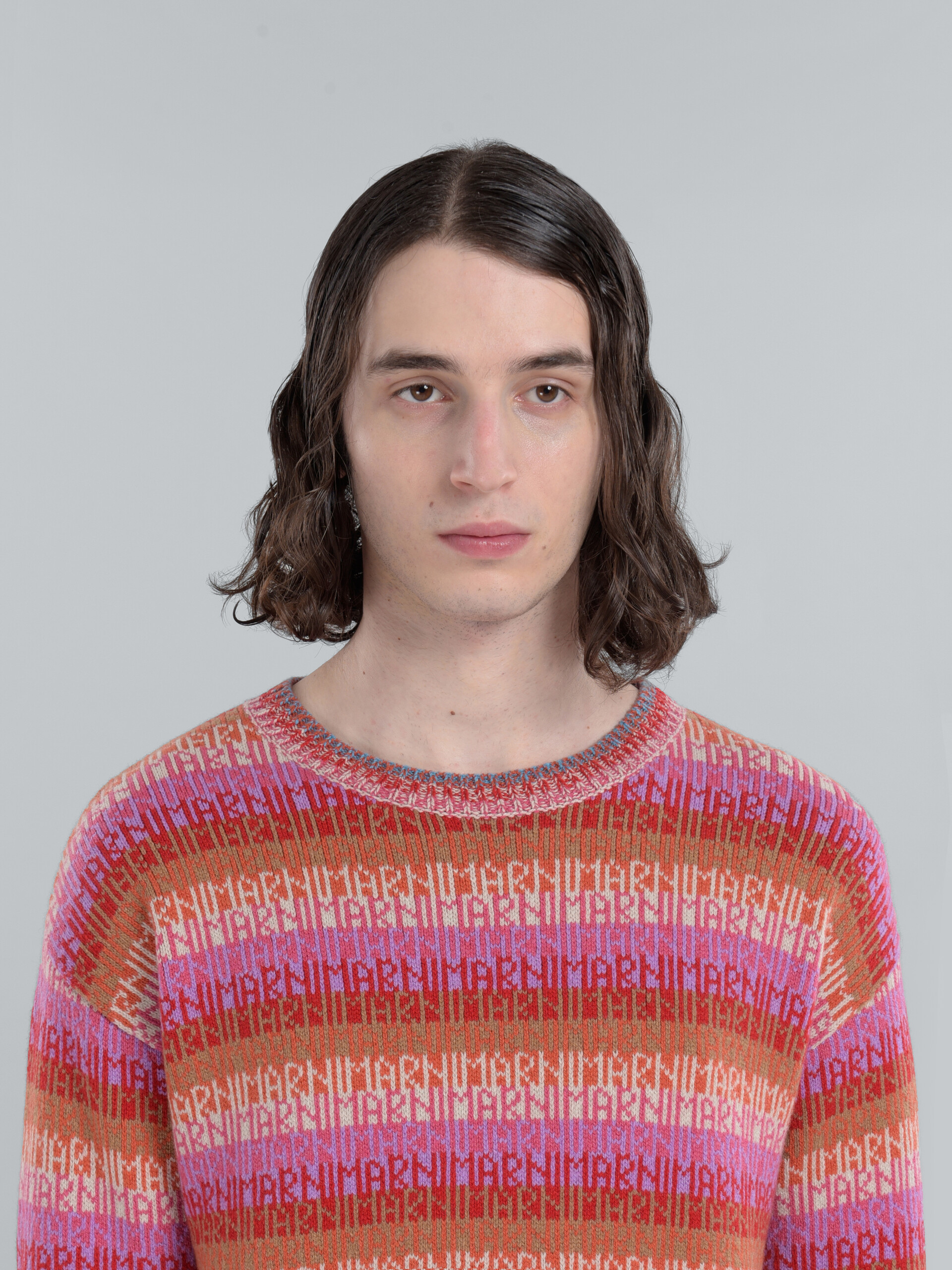 Wool top with multicolour stripes and jacquard logo Marni