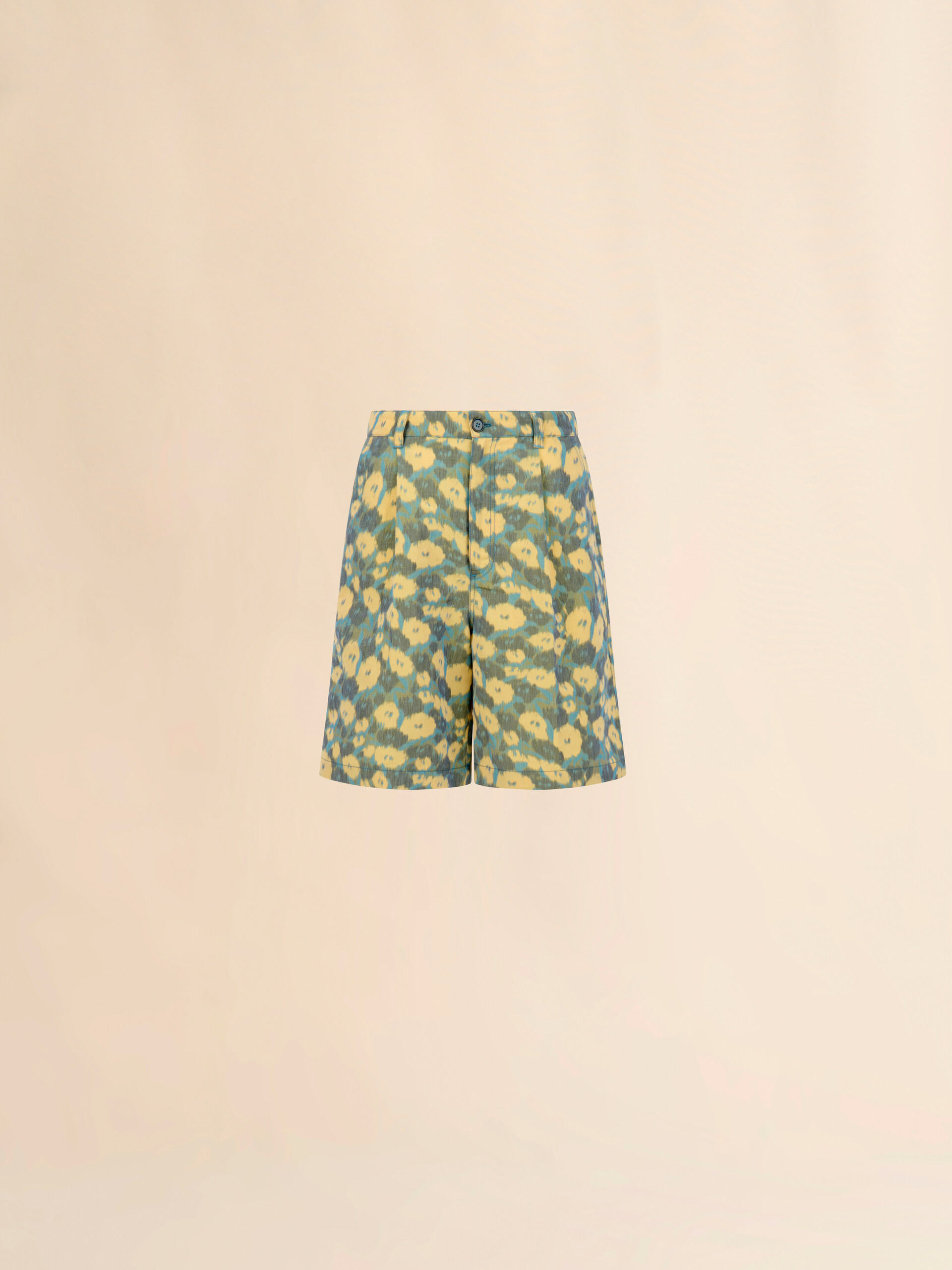 Green linen blend shorts with blurry floral print - Pants - Image 1