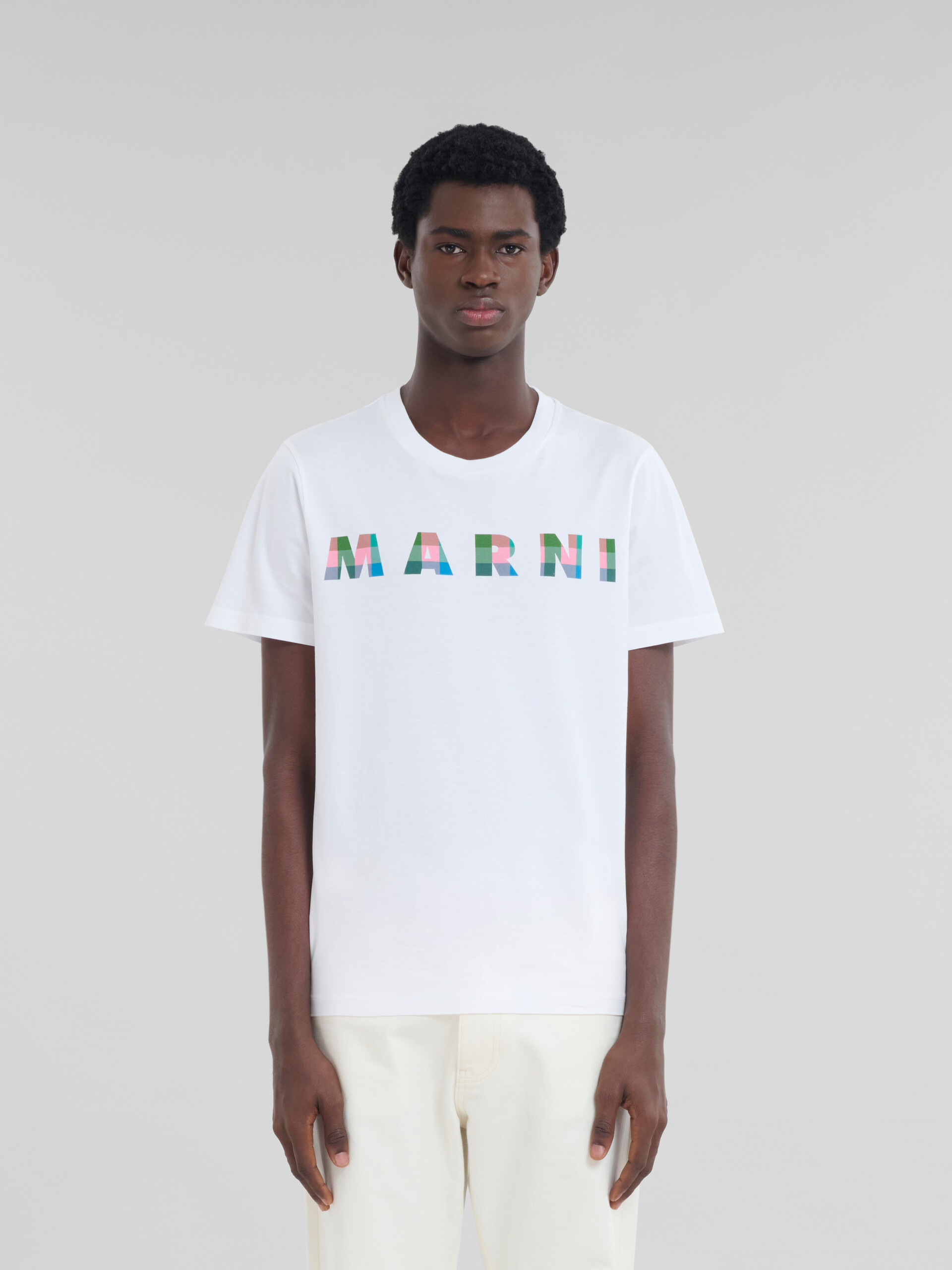 T-shirt in cotone bianco con logo Marni a quadretti - T-shirt - Image 2