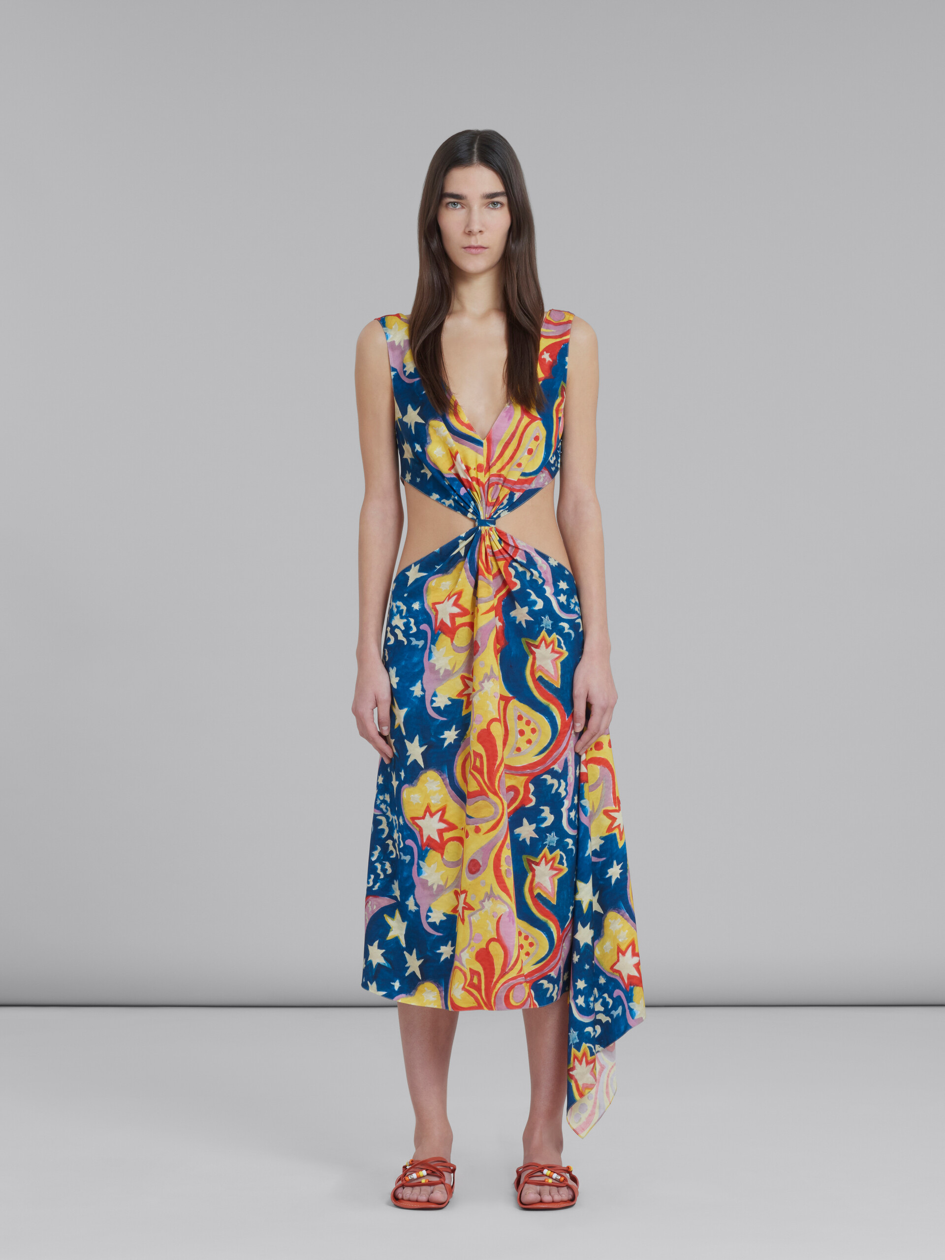 Marni x No Vacancy Inn - Multicolor satin cut-out midi dress with Galactic Paradise print - Dresses - Image 2