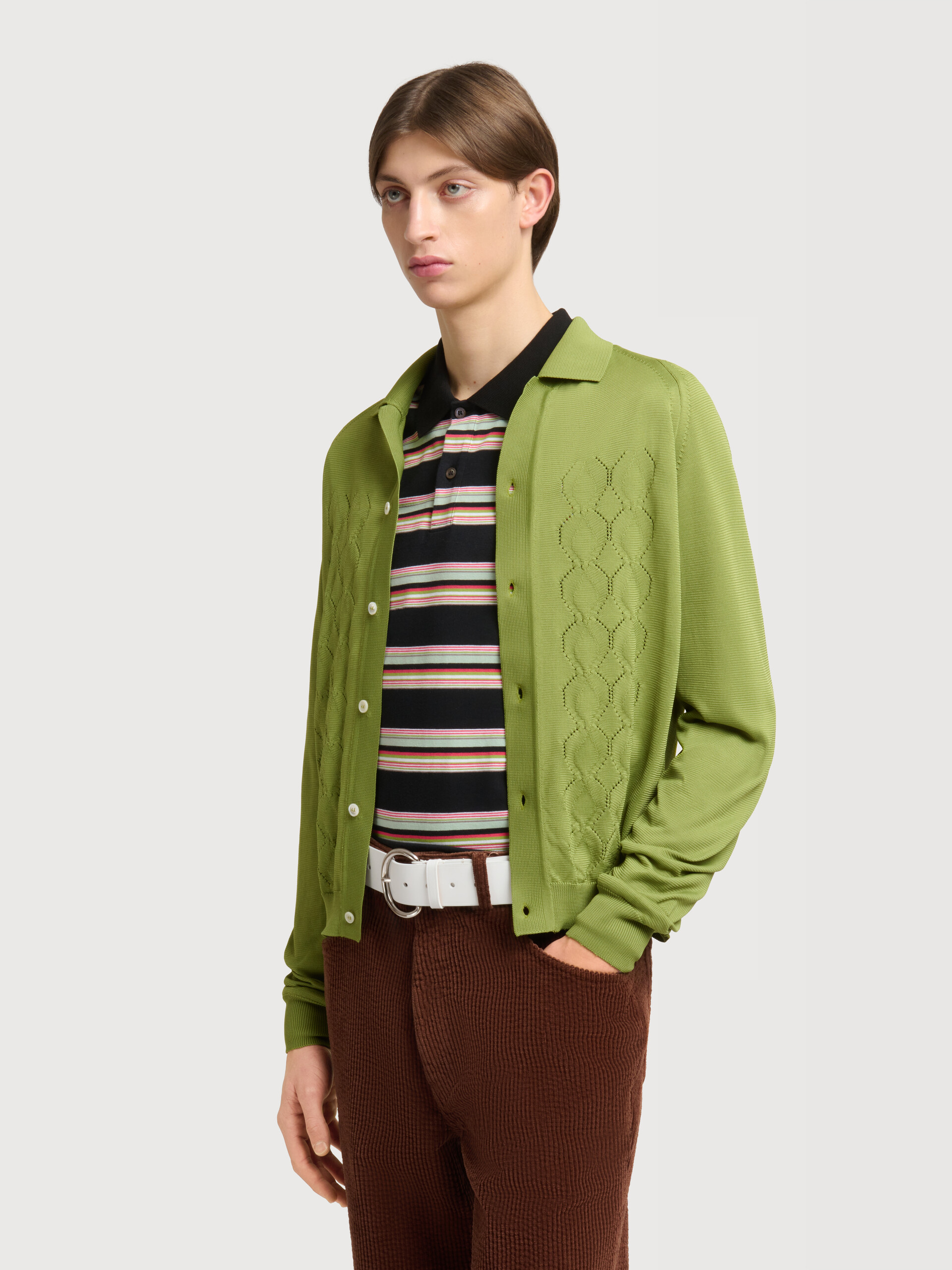 Green techno knit cardigan with polo collar - Pullovers - Image 3