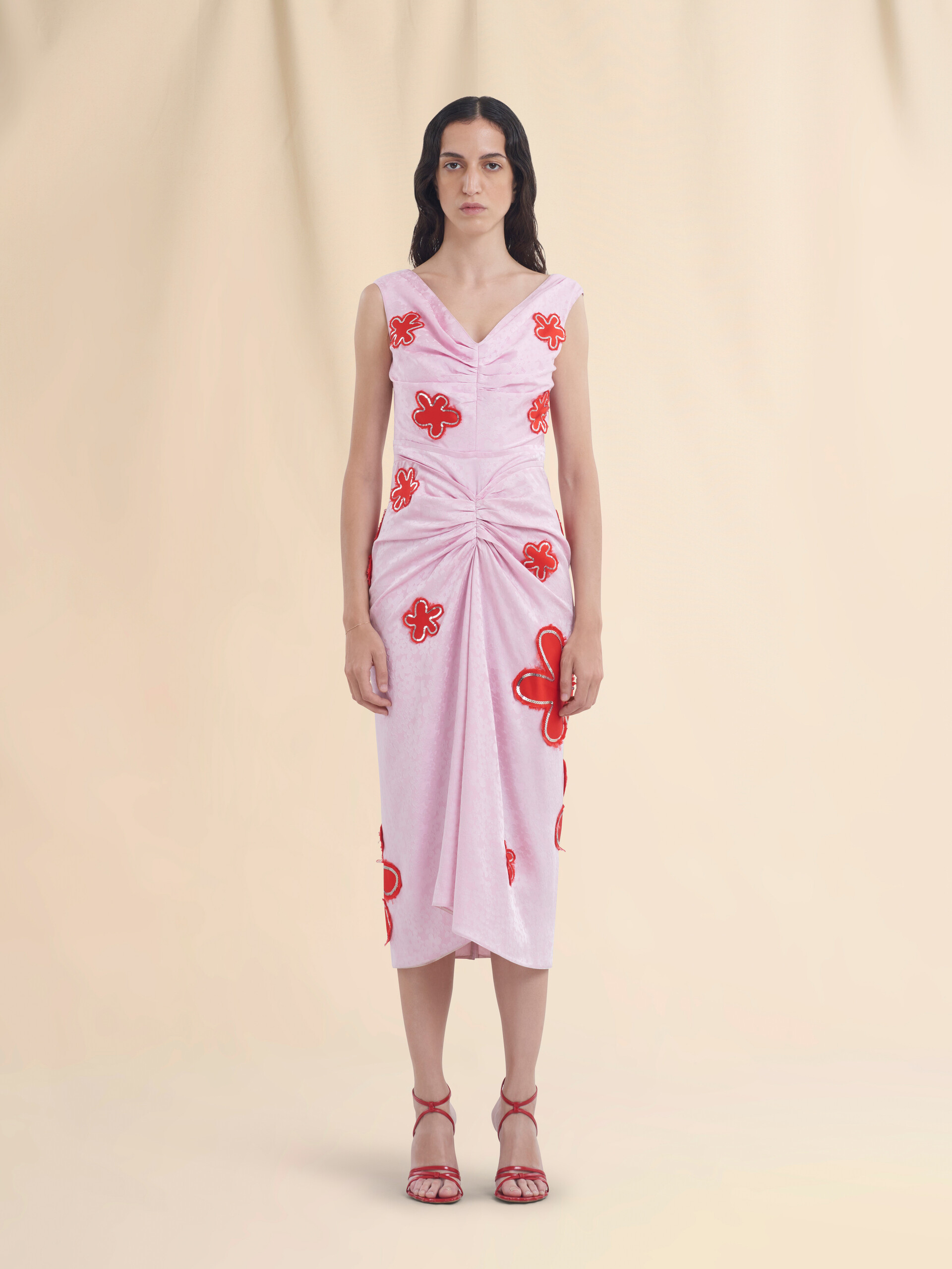 Pink silk jaquard dress with flower patches and sequins - Dresses - Image 2