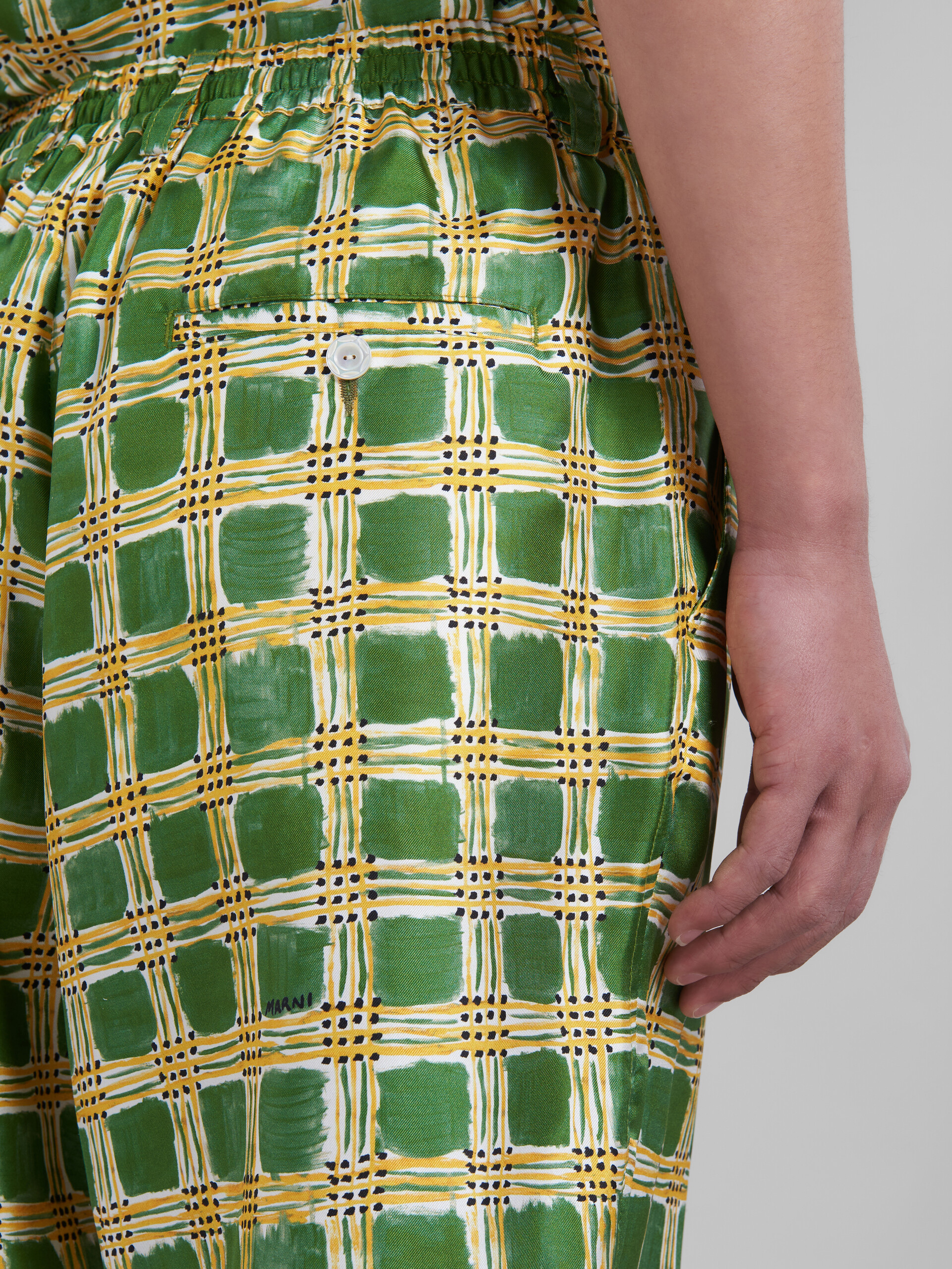 Green silk twill shorts with Check Fields print - Pants - Image 4