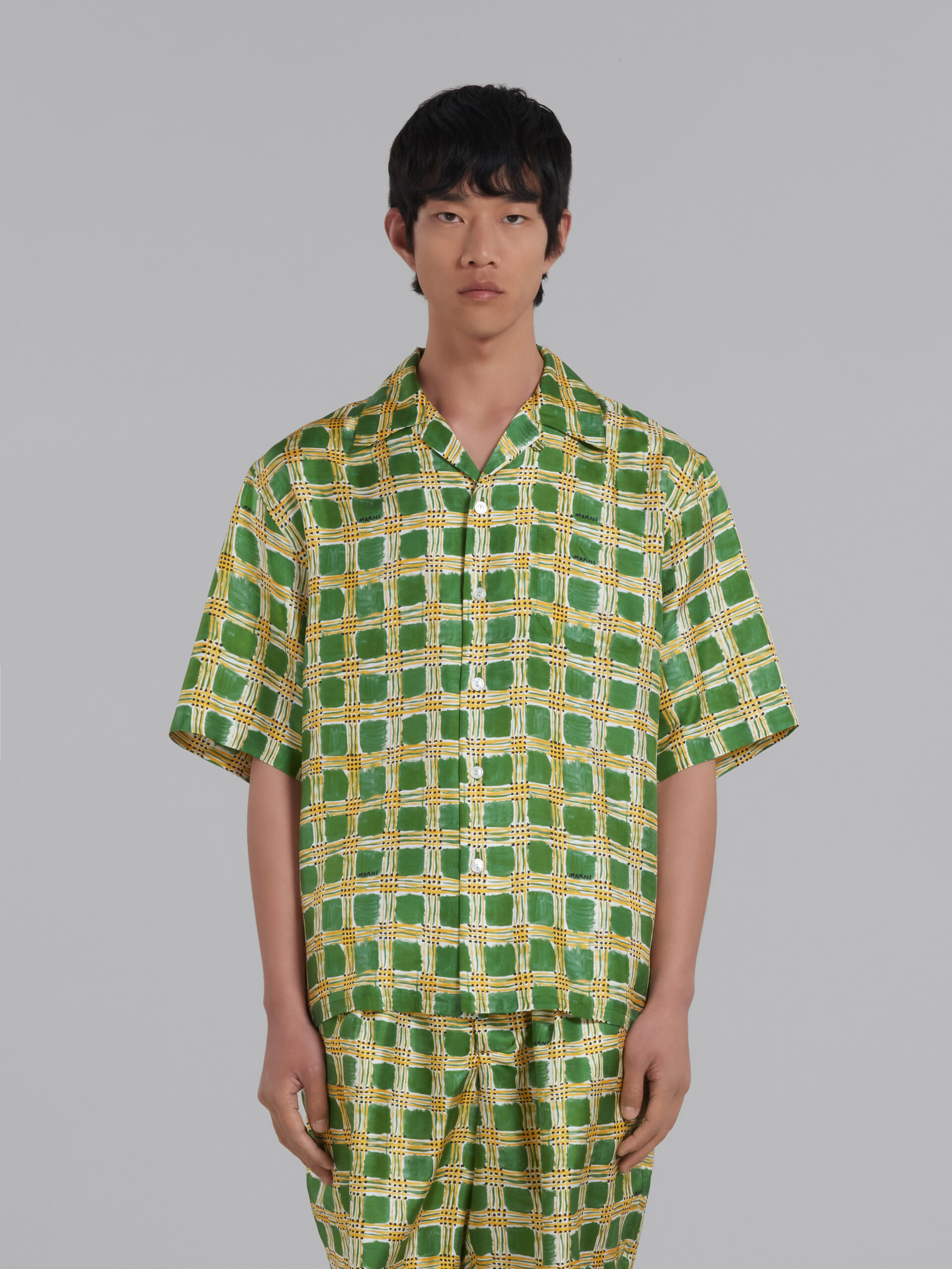 Green silk twill shirt with Check Fields print