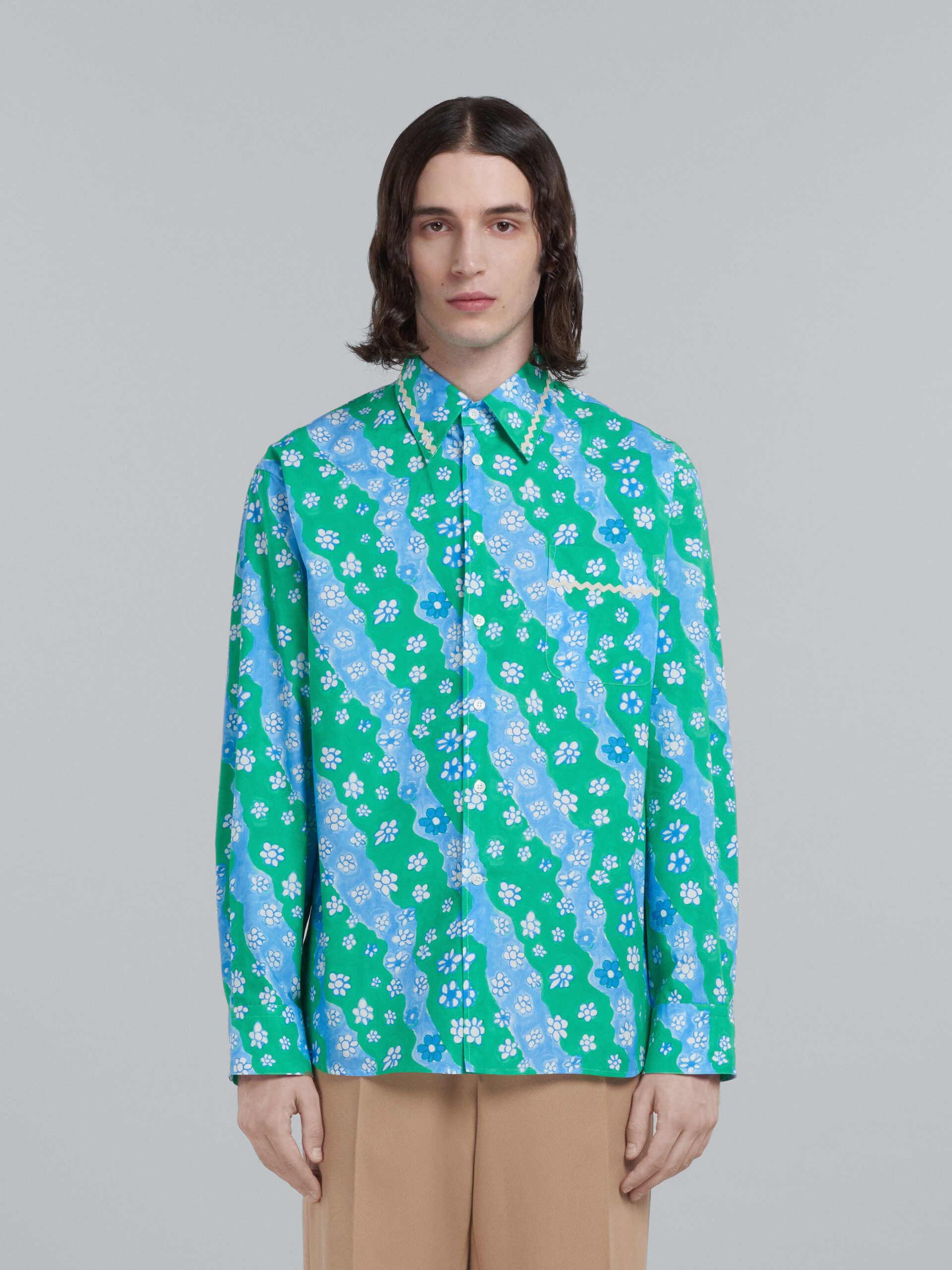 Poplin shirt with green Stripy Flower print - Shirts - Image 2