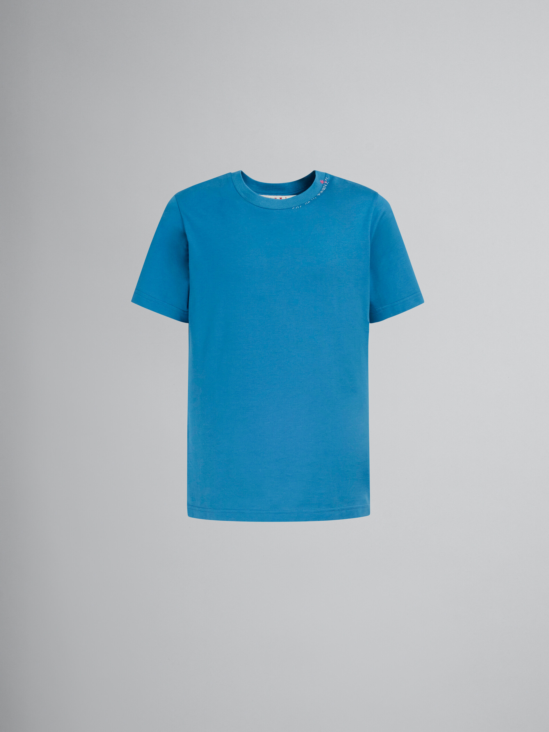 뒷면의 플라워 프린트 장식이 돋보이는 블루 코튼 티셔츠 - 티셔츠 - Image 1