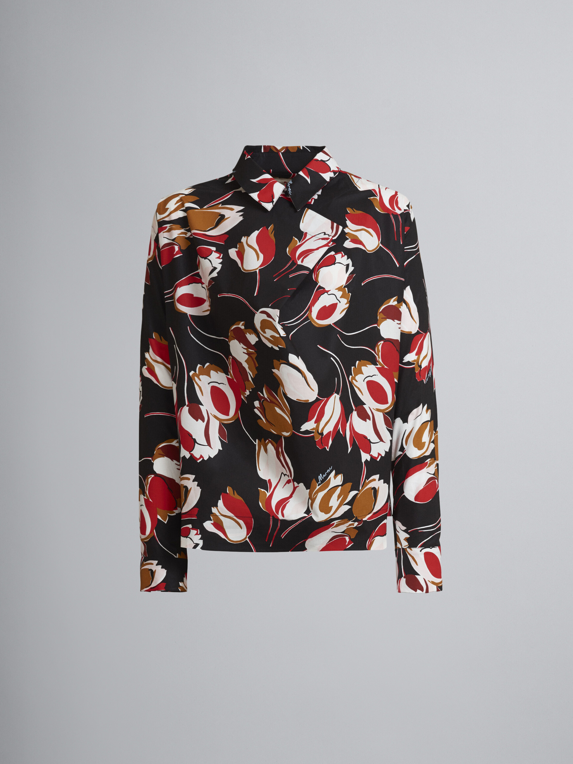 Windblown print cotton poplin shirt with draped collar - Shirts - Image 1