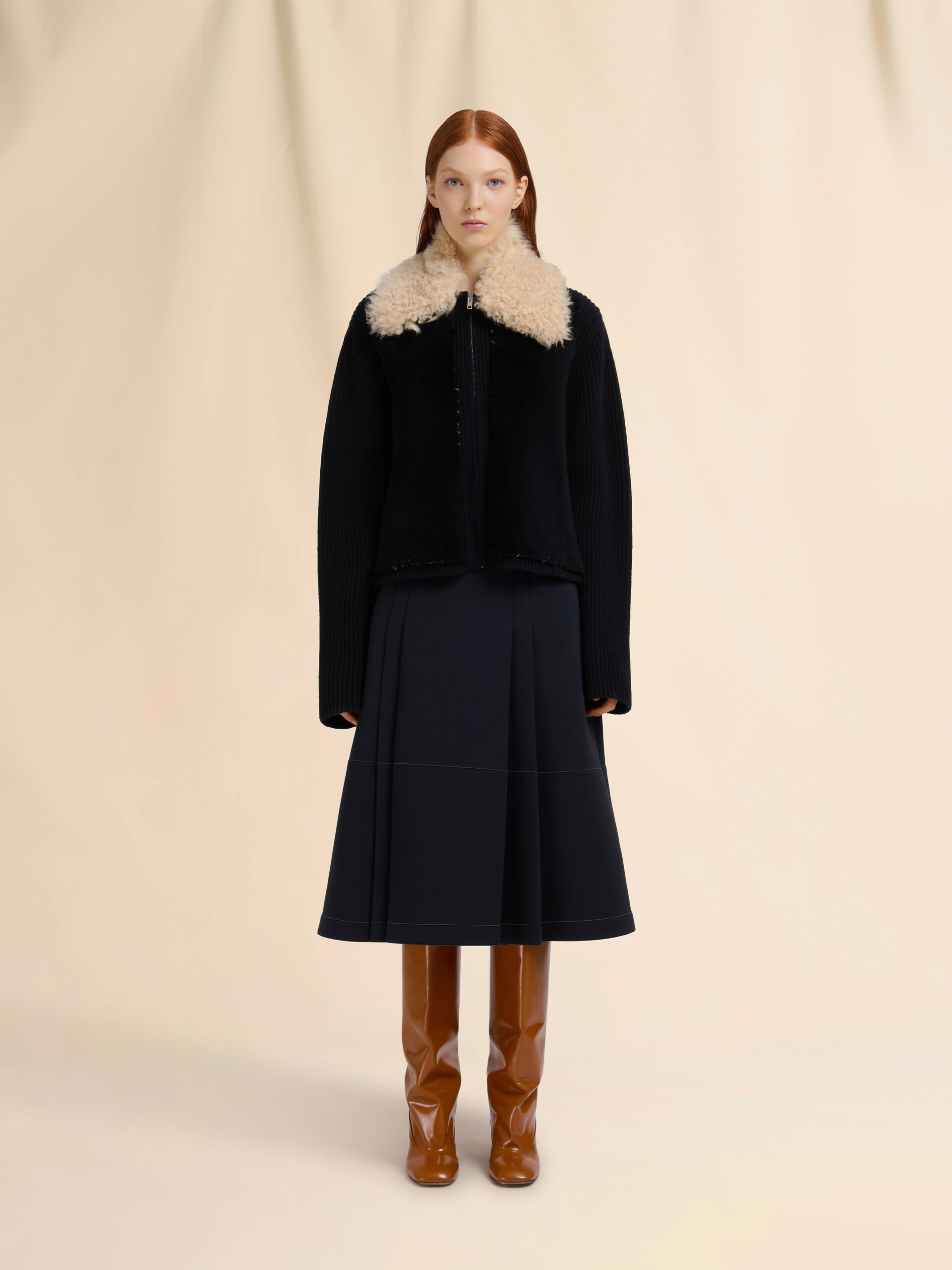 Black wool cardigan with shearling patches - Jackets - Image 2