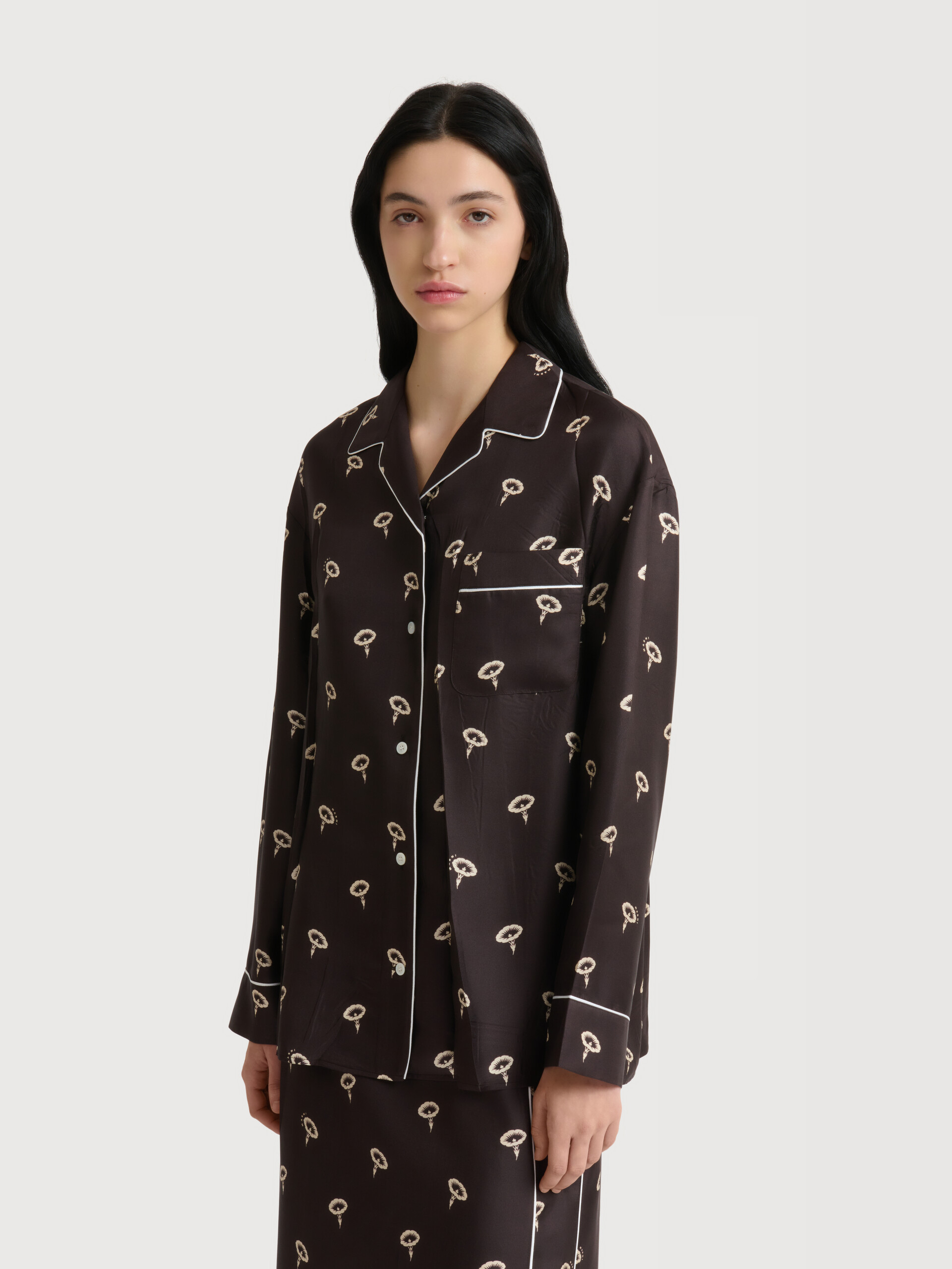 Brown silk twill pyjama shirt with floral print - Shirts - Image 2