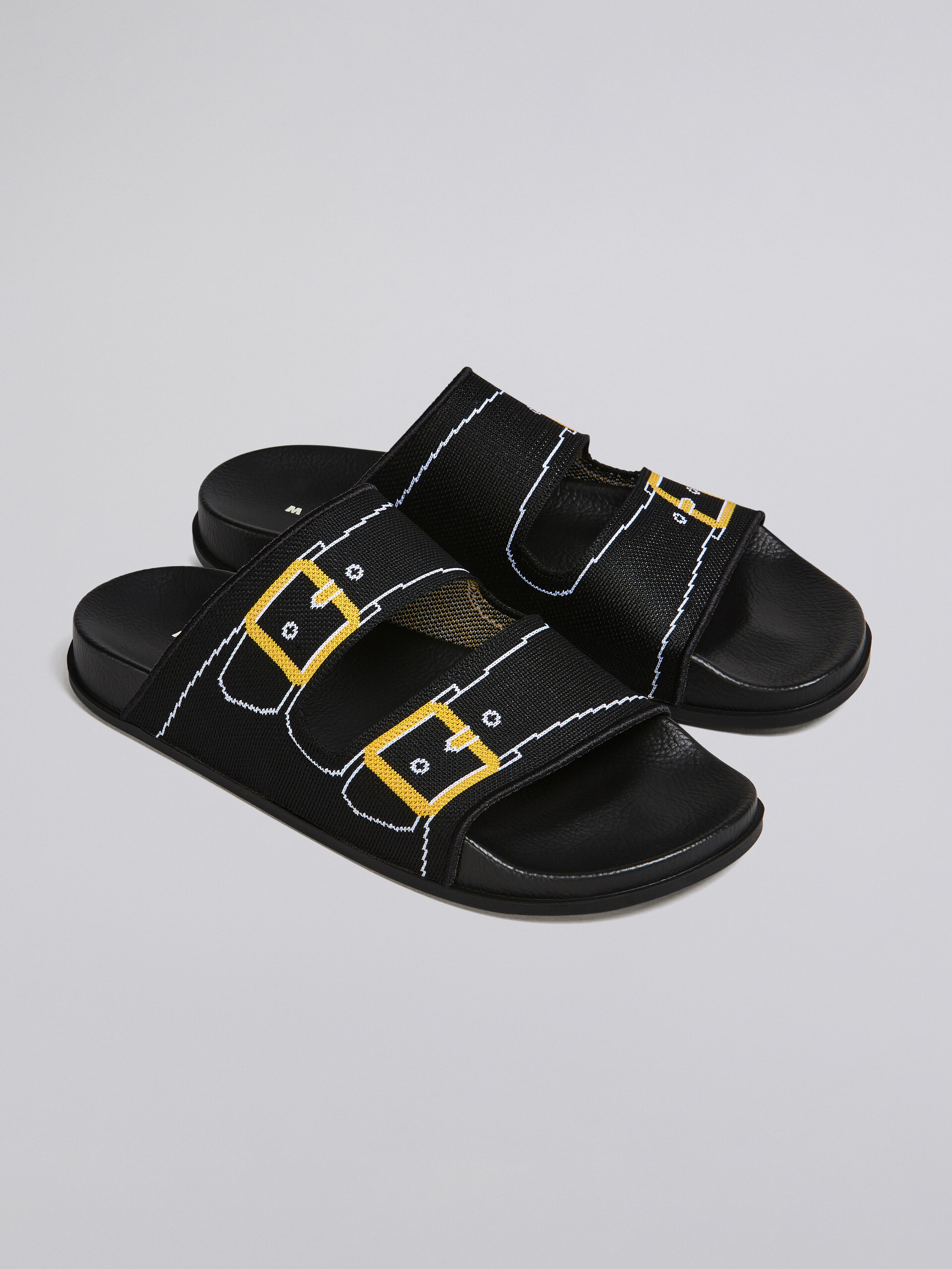 black two strap slide sandals