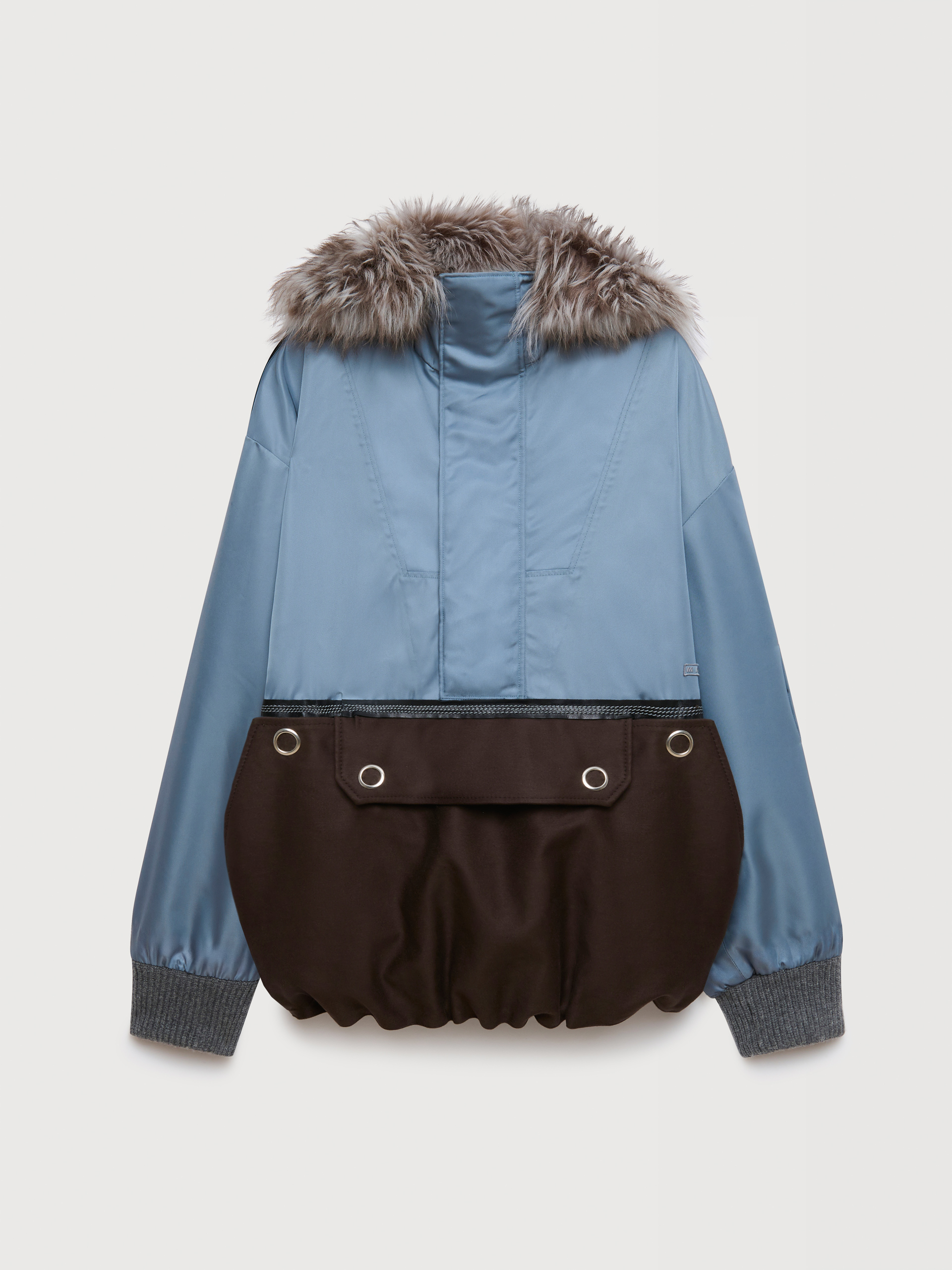 Grey nylon half-zip jacket with fur collar - Jackets - Image 1