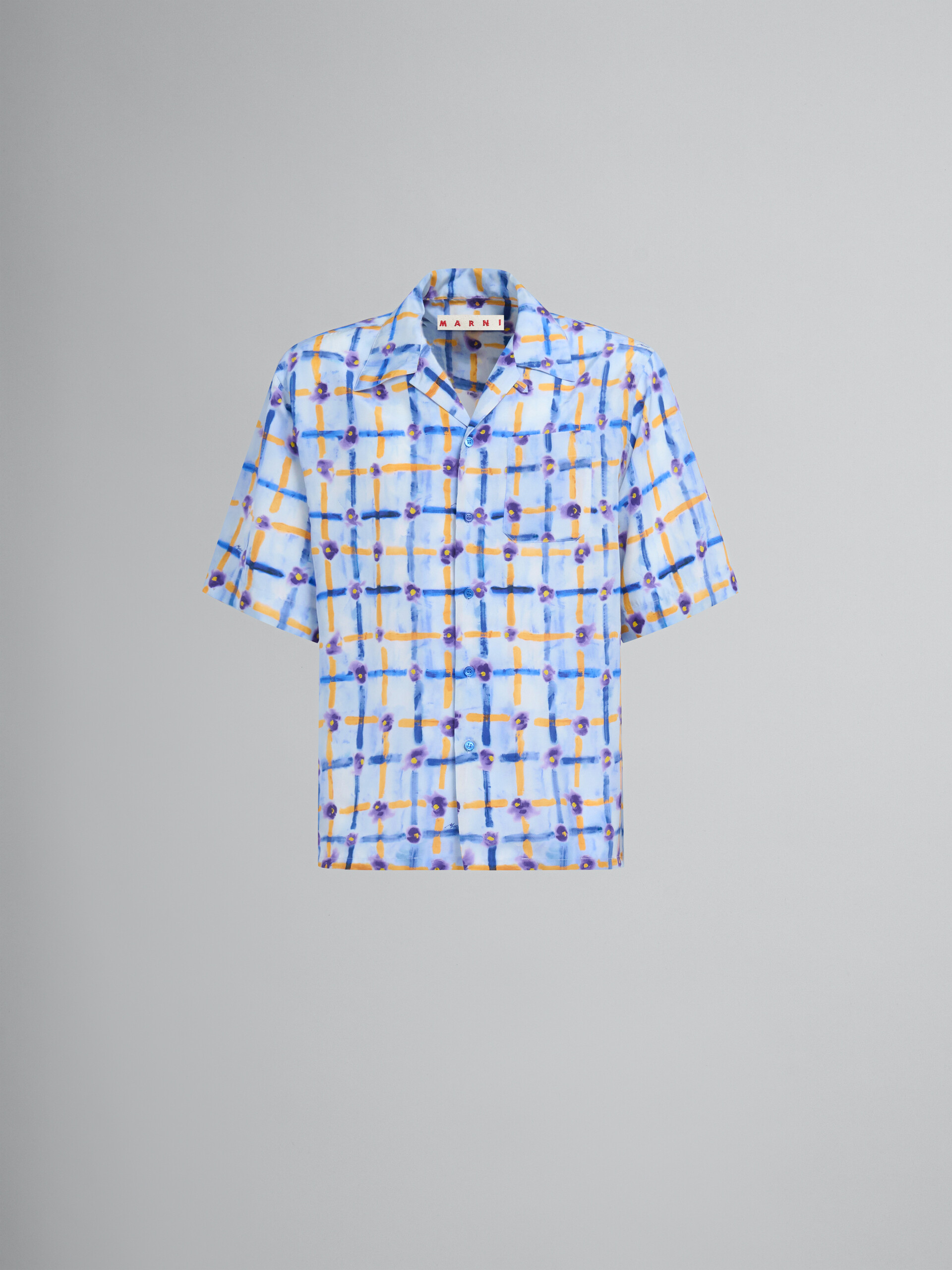 Camicia bowling in seta Habotai azzurra con stampa Saraband - Camicie - Image 1