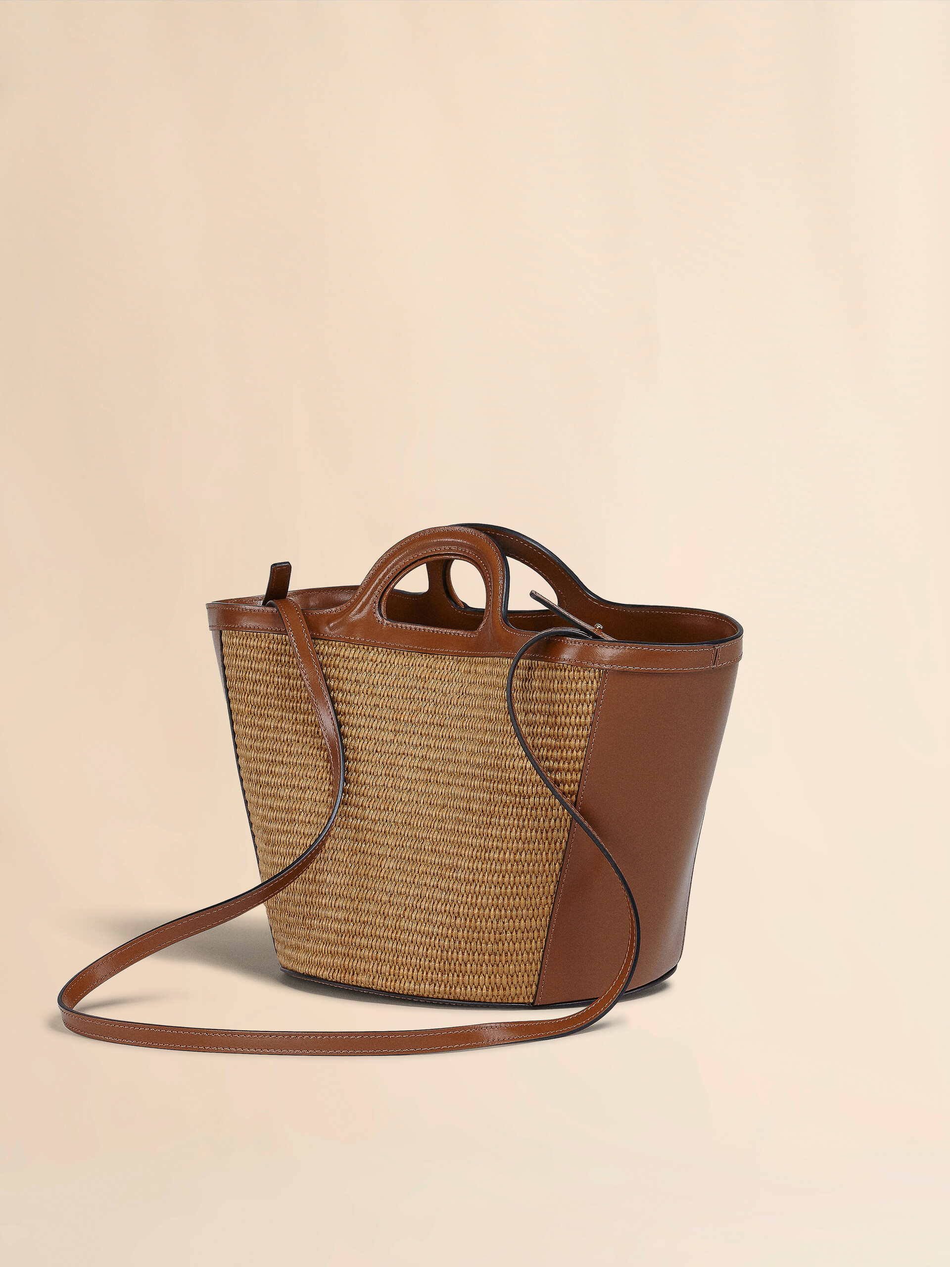 Tropicalia Small Bag in brown leather and raffia-effect fabric - Handbags - Image 3