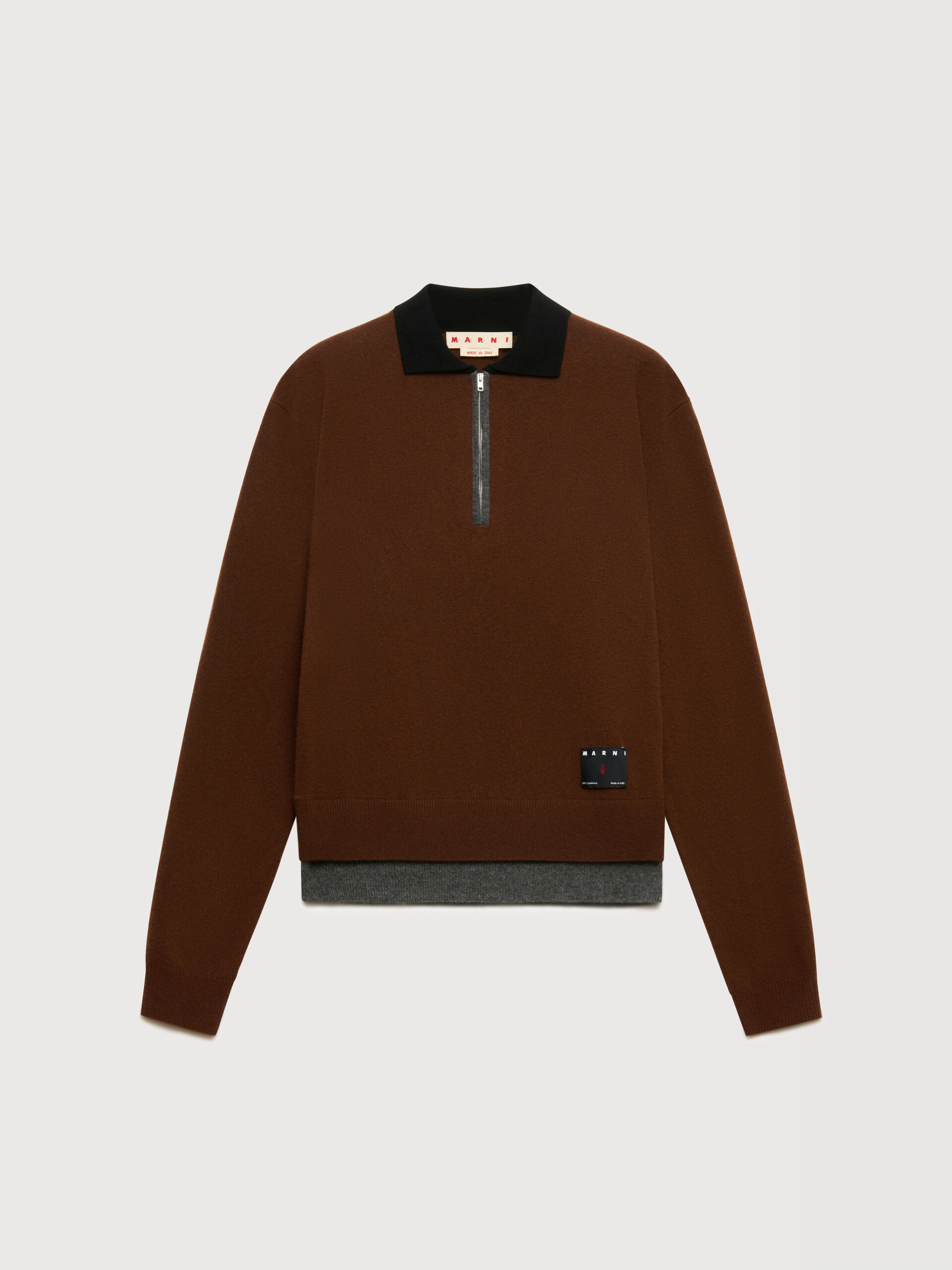 Brown cashmere polo jumper with layered effect - Shirts - Image 1