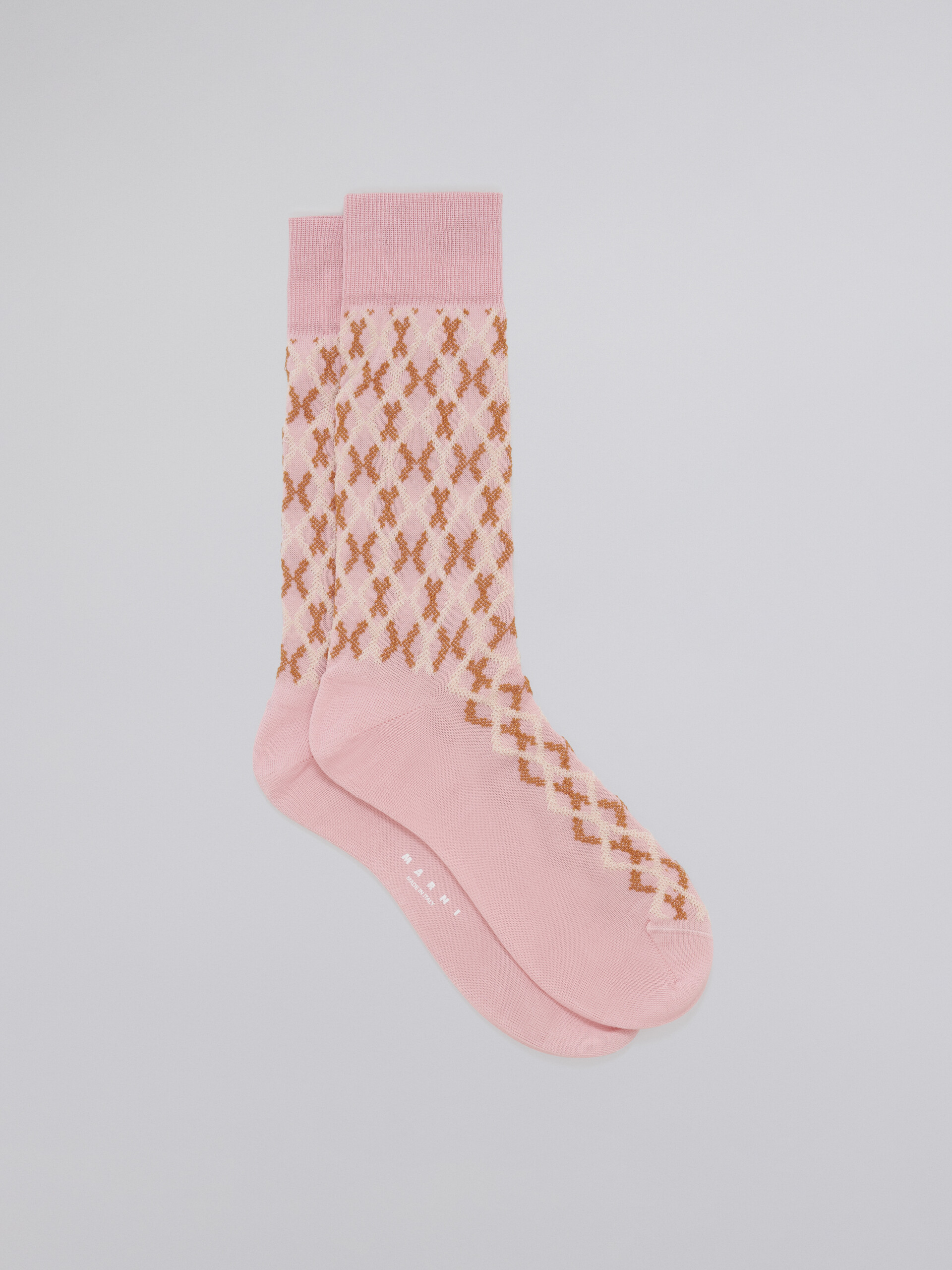 Calza in cotone jacquard e nylon disegno micro riquadro rosa - Calze - Image 1