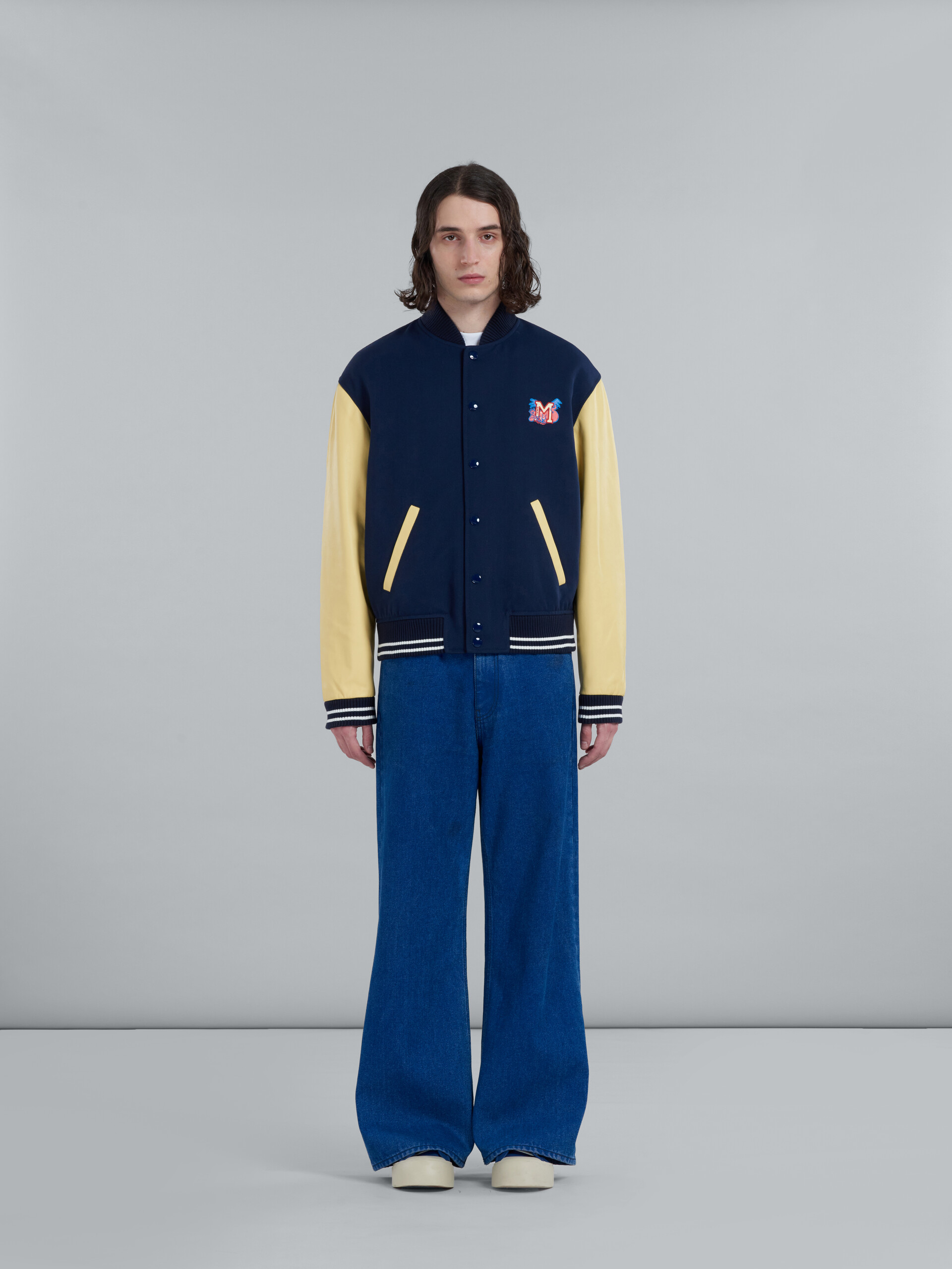 Blaue Collegejacke aus Wolle mit Lederärmeln - Jacken - Image 2