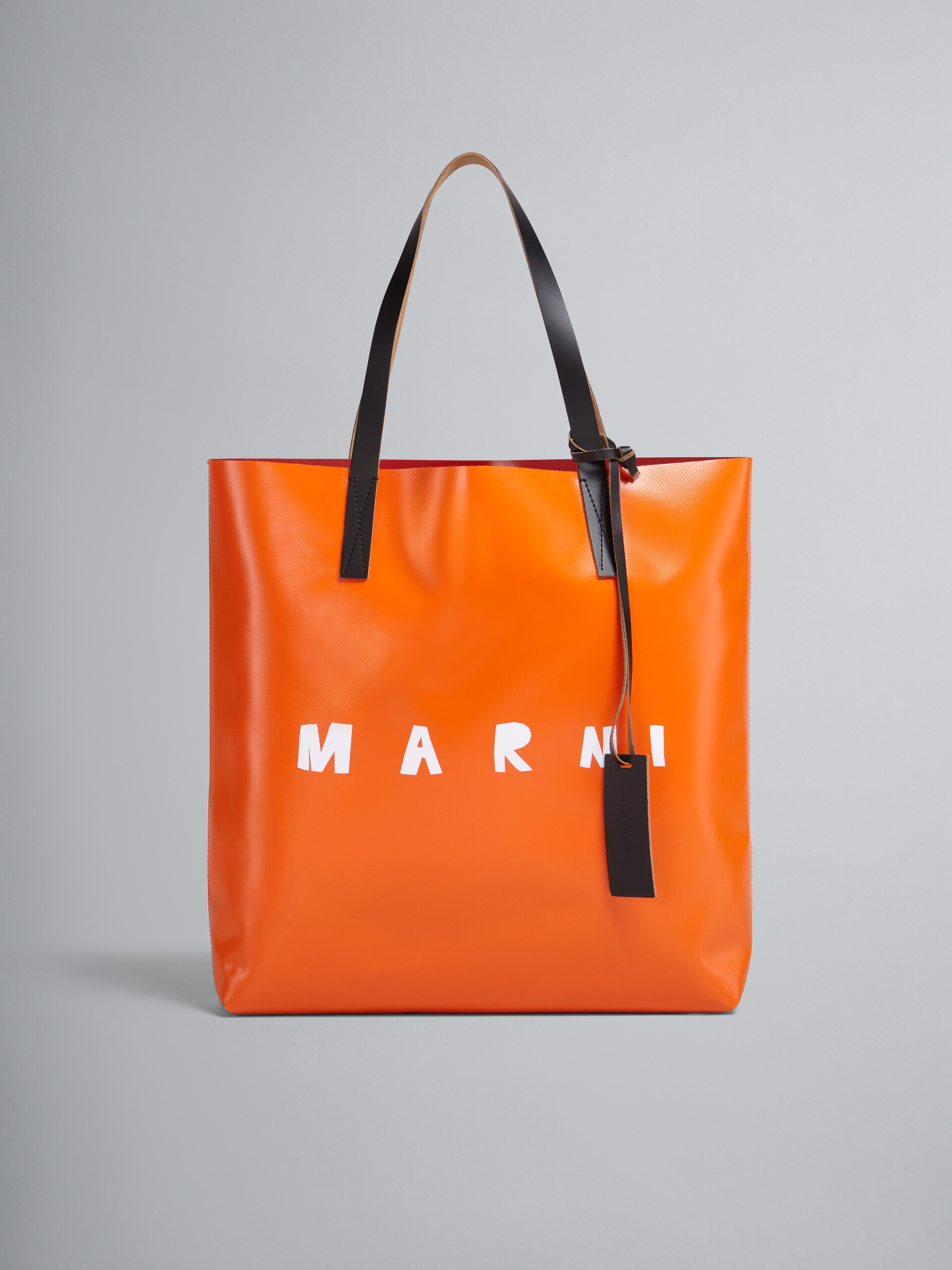 Borsa shopping in PVC con manici in pelle e logo Marni fuxia e arancione - Borse shopping - Image 1