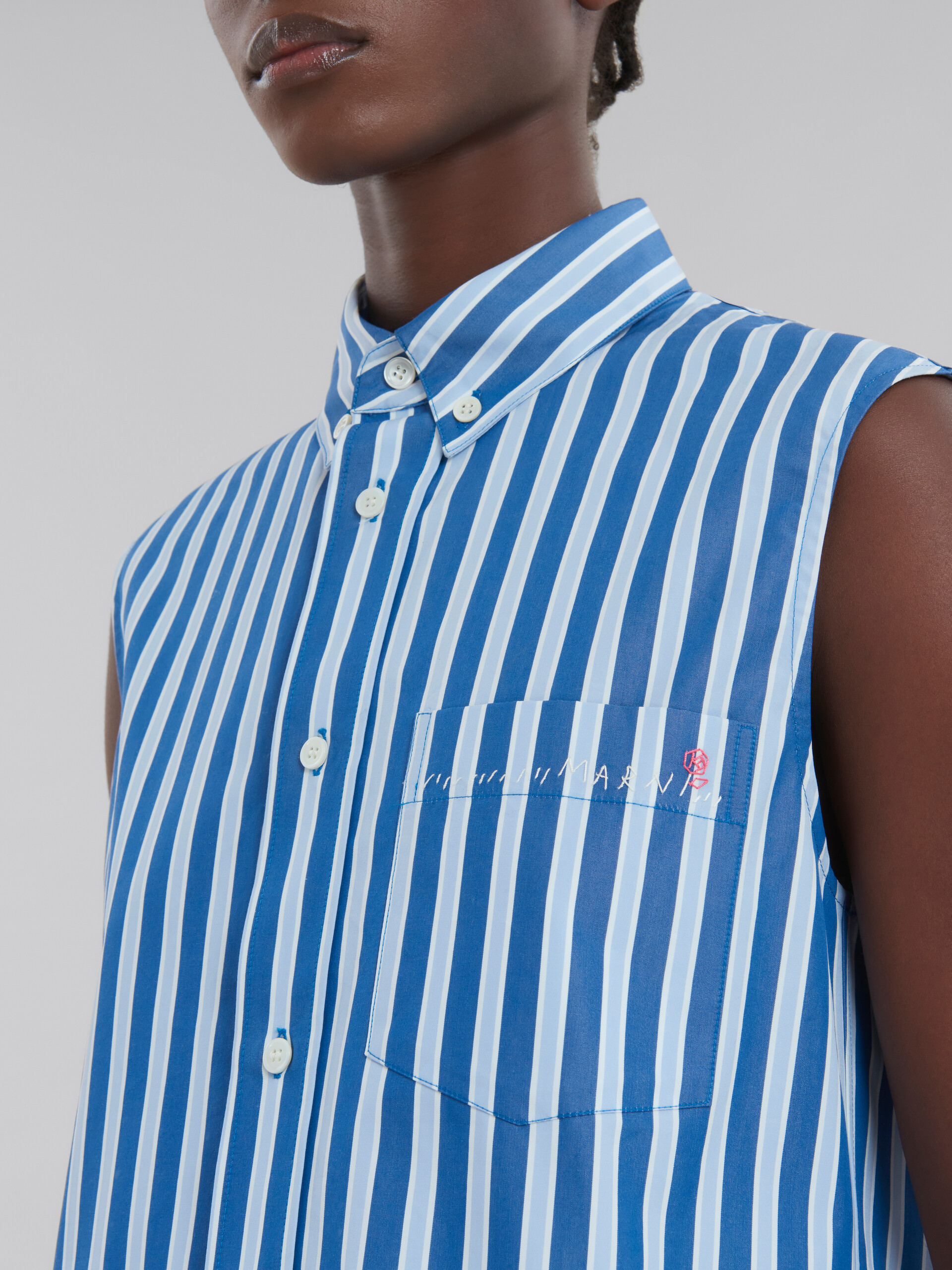 Blue and white striped organic poplin sleeveless shirt - Shirts - Image 5