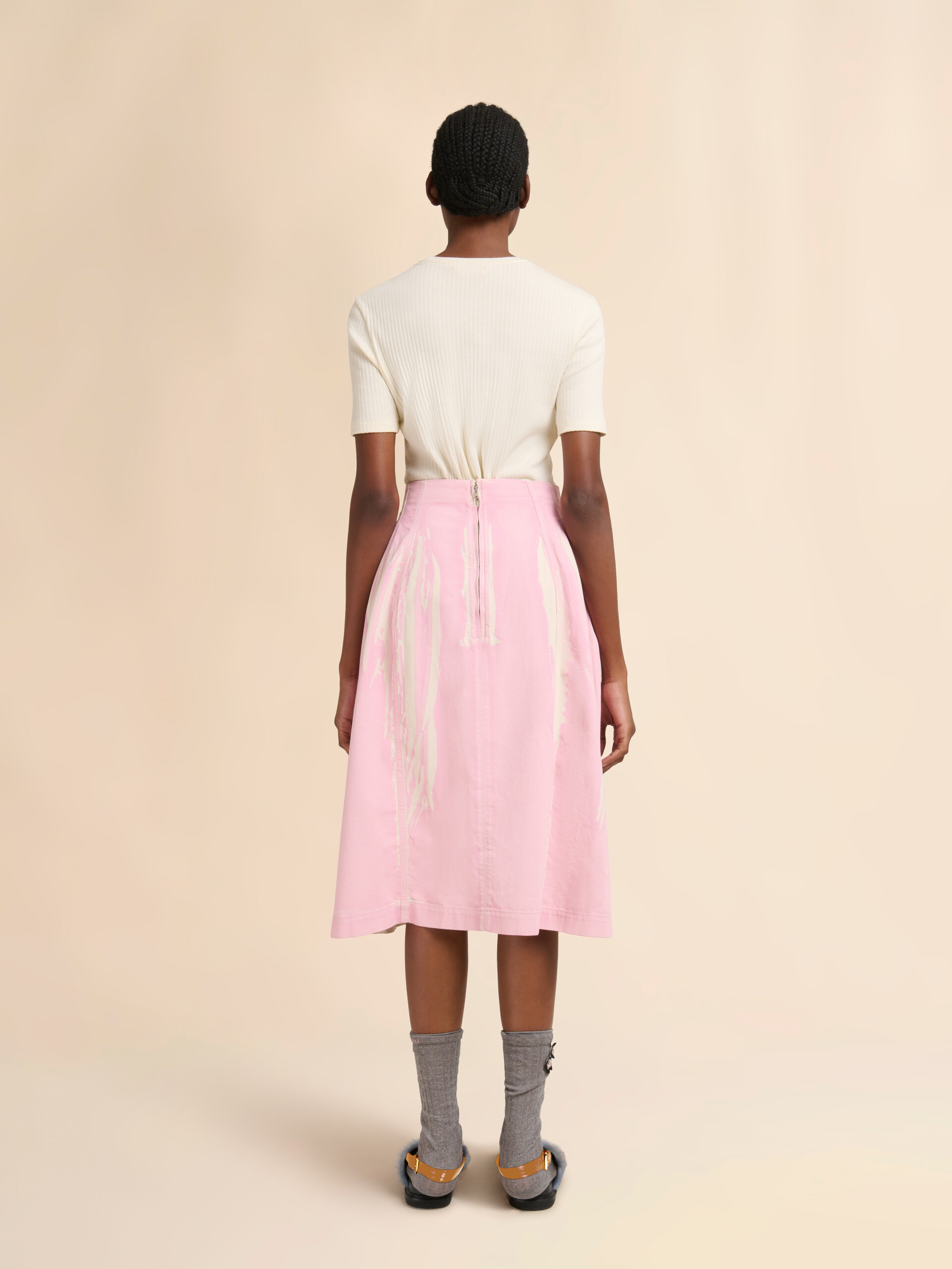 블루 스크린 프린트 데님 플레어드 스커트 - 스커트 - Image 3