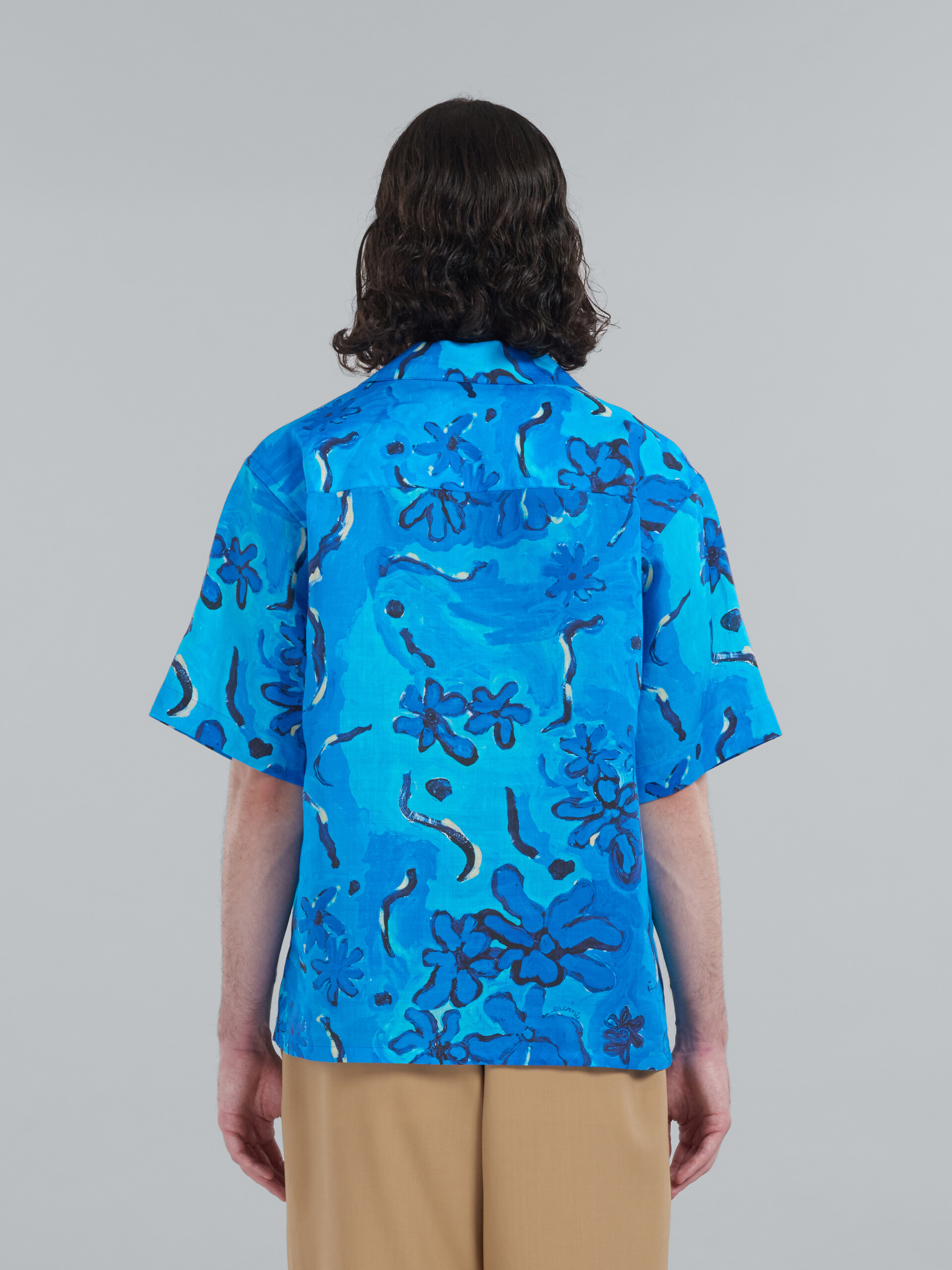 Printed blue ramié bowling shirt - Shirts - Image 3