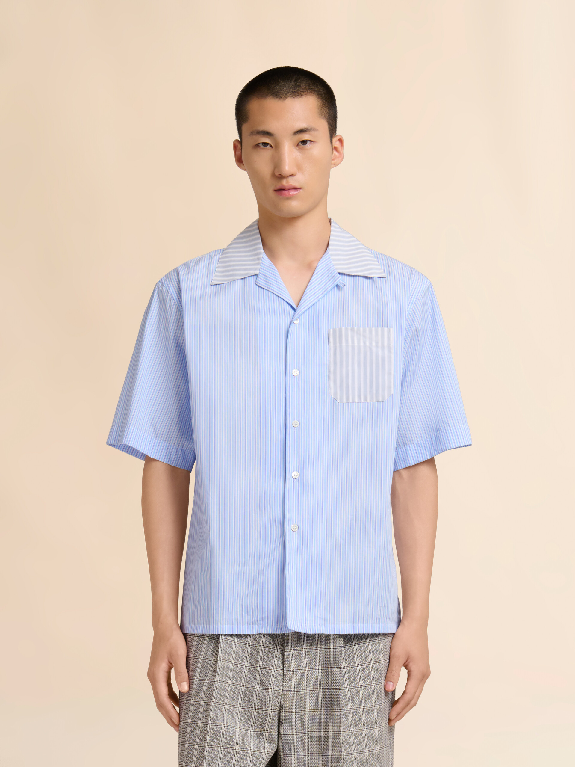 Blue striped poplin bowling shirt with contrast accents - Shirts - Image 2