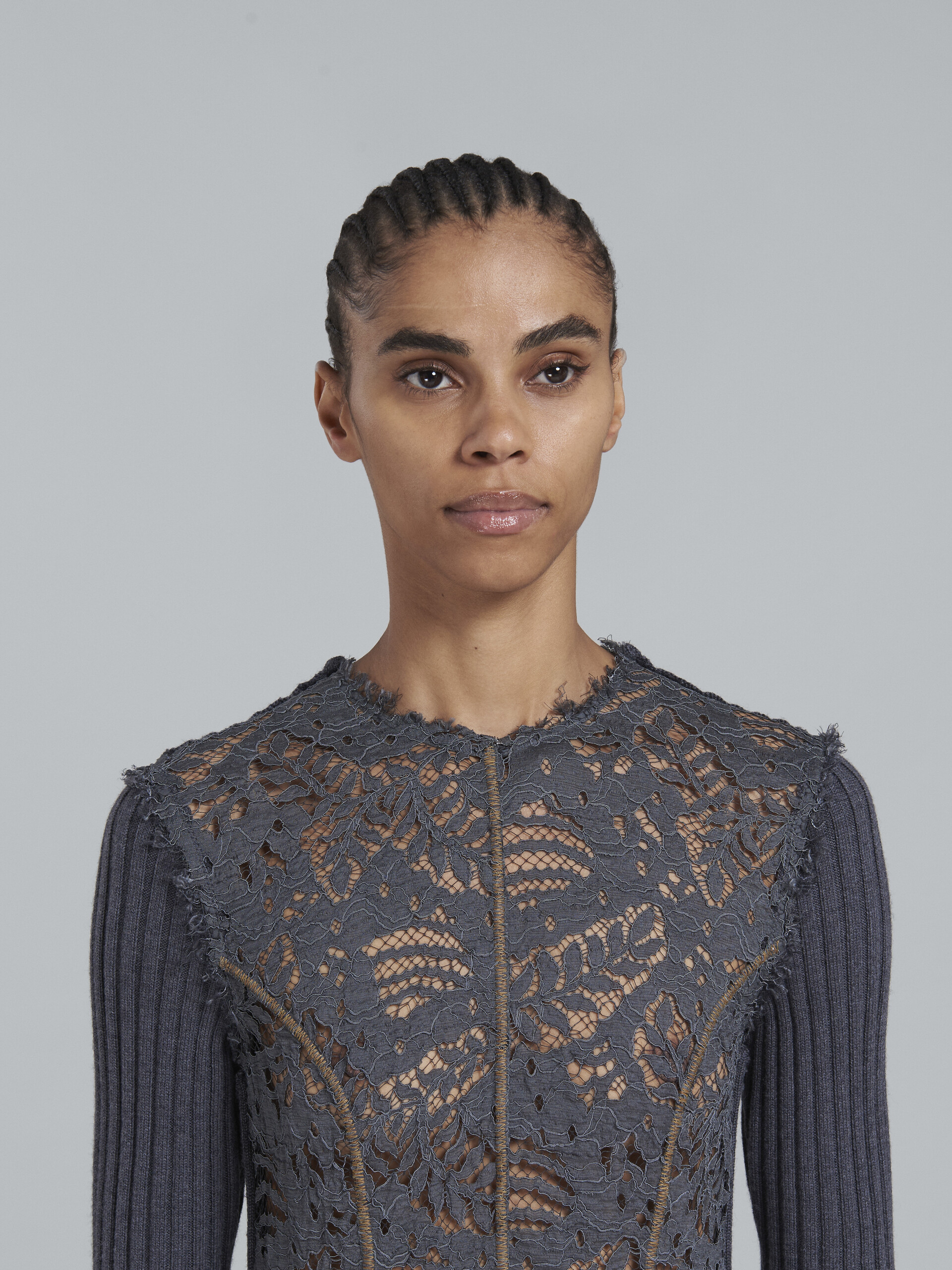 Grey wool crewneck sweater with lace panel - Pullovers - Image 4
