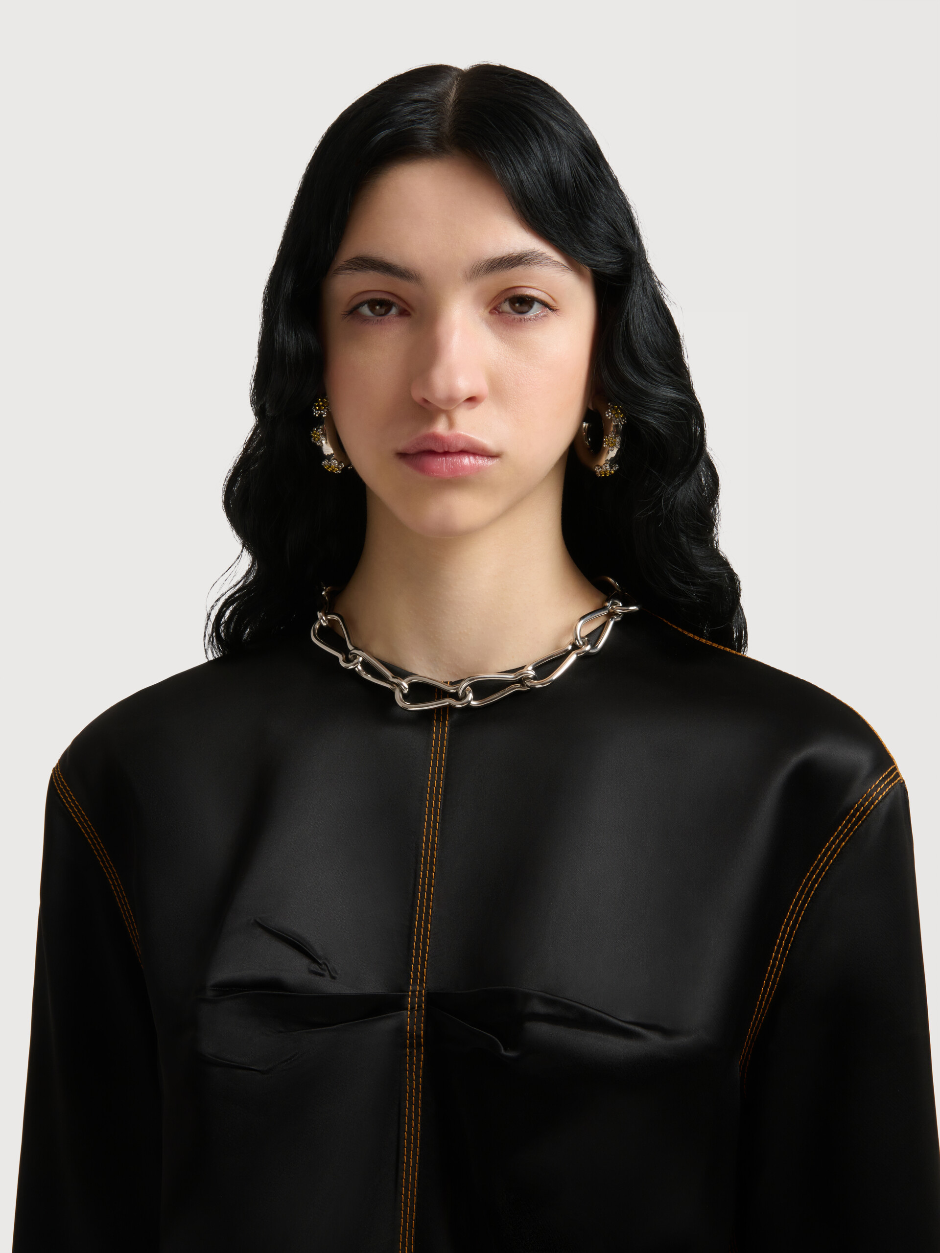 Black satin long-sleeved dress with contrast stitching - Dresses - Image 5