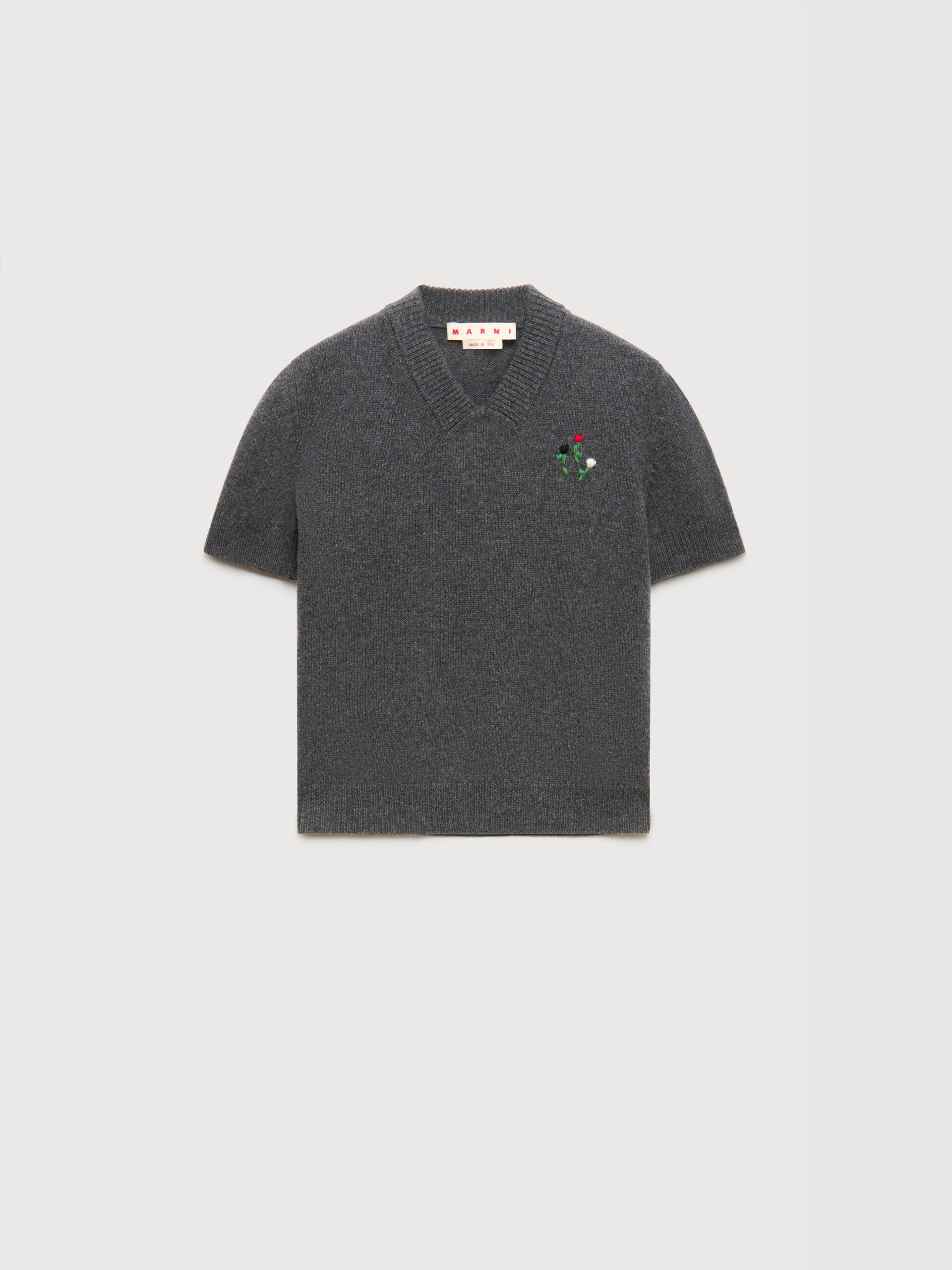Grey wool-cashmere jumper with embroidered flowers - Pullovers - Image 1