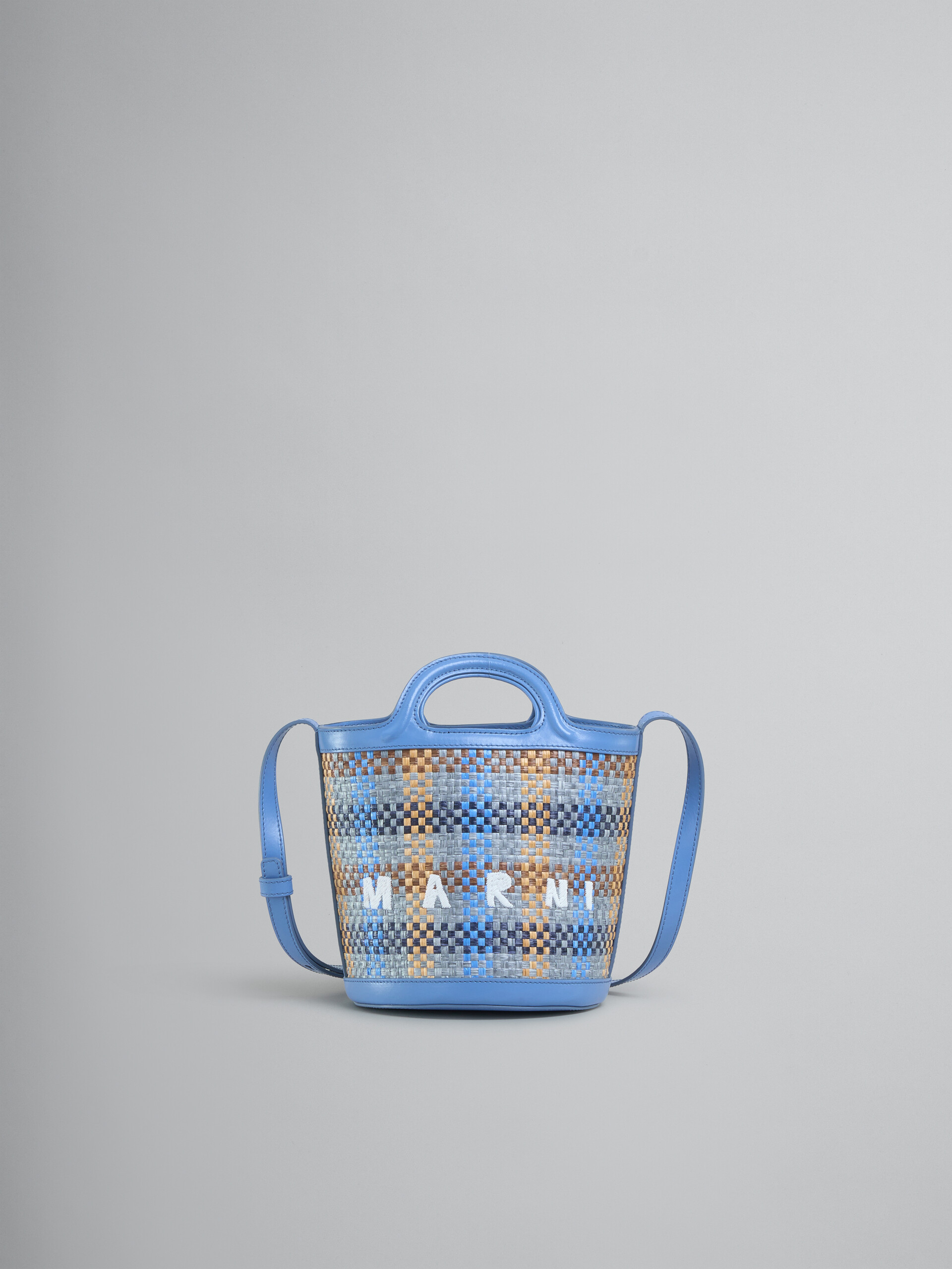 Tropicalia small bucket bag in brown leather and checked raffia-effect fabric - Shoulder Bags - Image 1