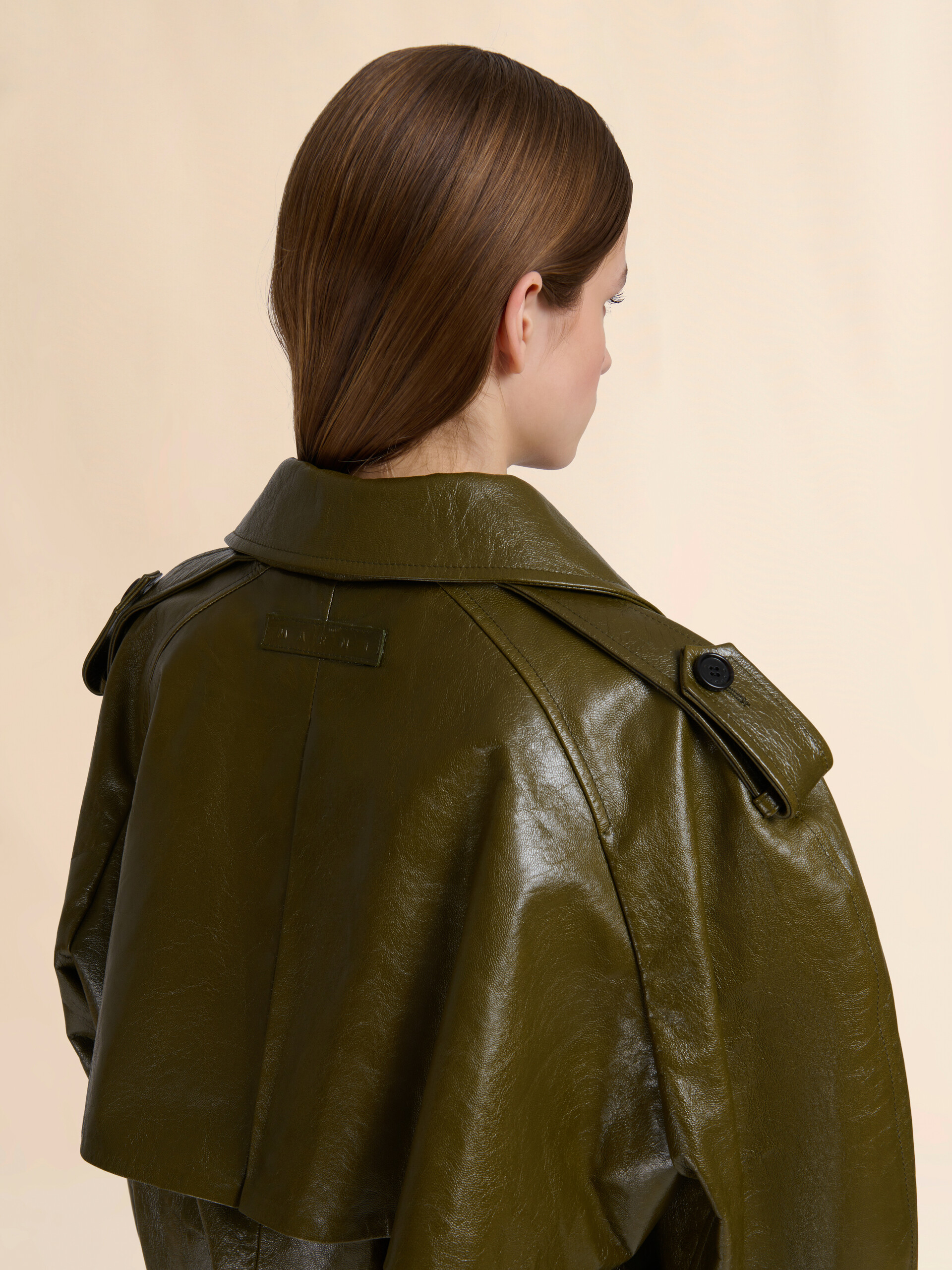 Deep green leather short trench coat - Jackets - Image 5